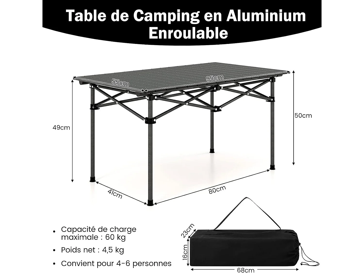 Table de CamBoisg Pliante Portable Aluminium 4-6 Personnes 95 x 55CM Charge 60KG Table Pique-Nique avec Sac de Transport Noir