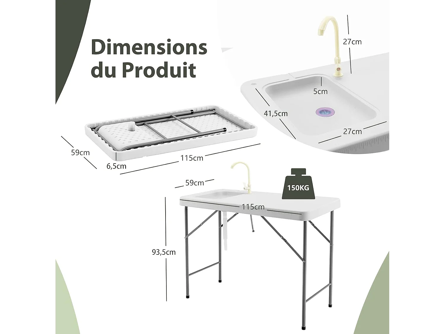 Table de Pêche avec Éviers, Table Pliante Portable pour Nettoyage de Poisson, Acier &HDPE, pour Jardin CamBoisg Pique-Nique