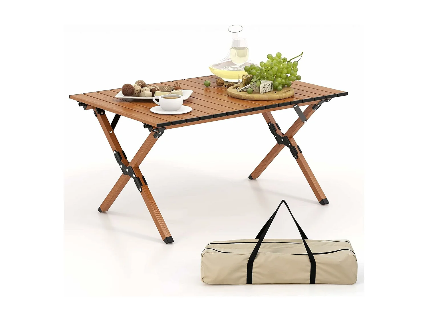 Table de camping Pliante en Aluminium à Latte Enroulable, Table Pliante Extérieure Charge 50kg avec Sac de Transport pour Barbecue Pique-Nique Randonnée, 89x59x45cm (Naturel)