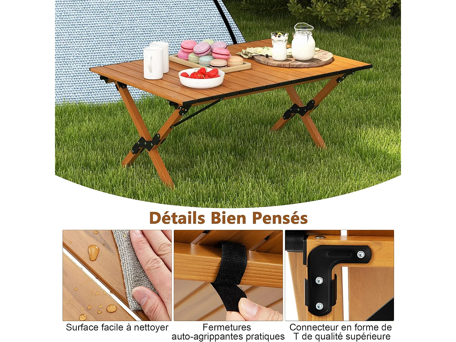 Table de camping Pliante en Aluminium à Latte Enroulable, Table Pliante Extérieure Charge 50kg avec Sac de Transport pour Barbecue Pique-Nique Randonnée, 89x59x45cm (Naturel)
