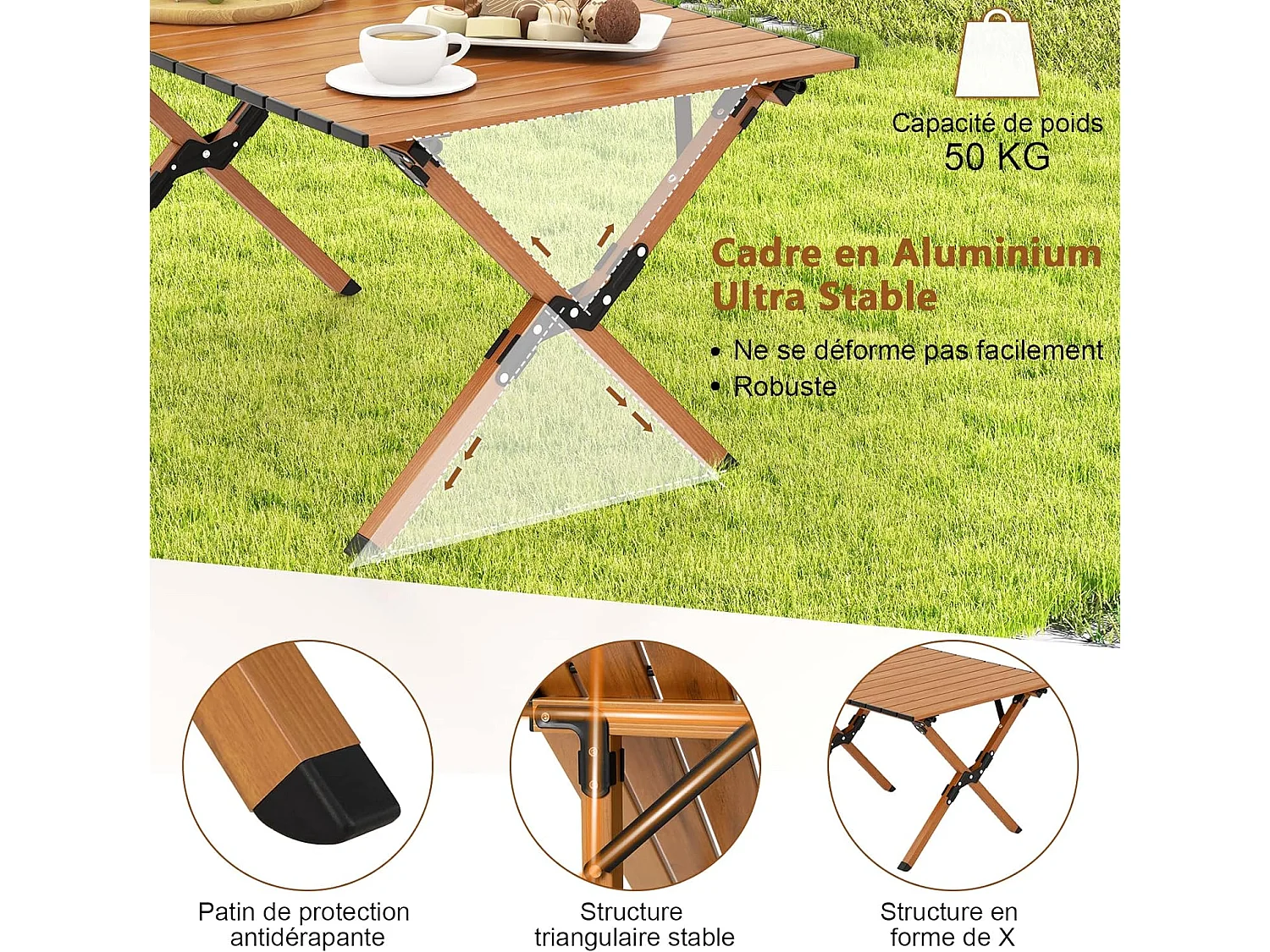 Table de camping Pliante en Aluminium à Latte Enroulable, Table Pliante Extérieure Charge 50kg avec Sac de Transport pour Barbecue Pique-Nique Randonnée, 89x59x45cm (Naturel)
