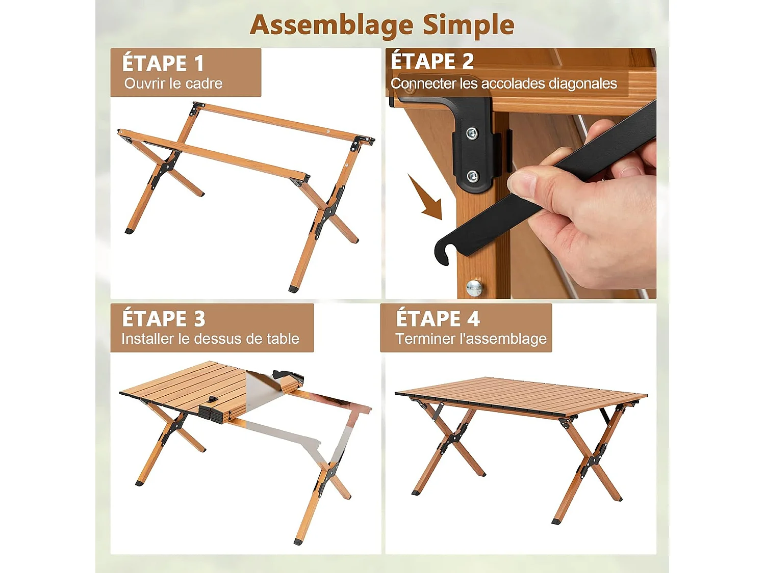 Table de camping Pliante en Aluminium à Latte Enroulable, Table Pliante Extérieure Charge 50kg avec Sac de Transport pour Barbecue Pique-Nique Randonnée, 89x59x45cm (Naturel)