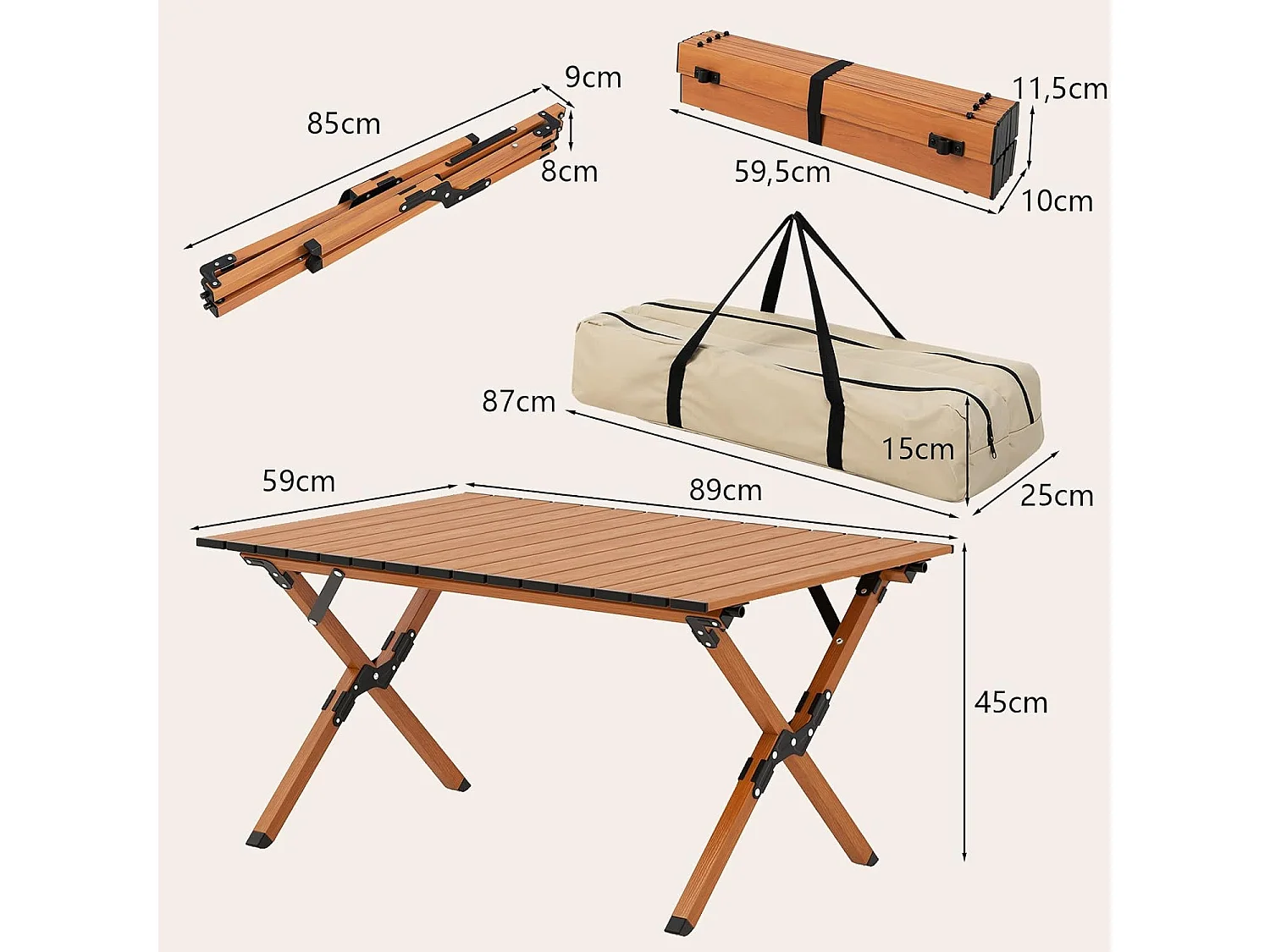 Table de camping Pliante en Aluminium à Latte Enroulable, Table Pliante Extérieure Charge 50kg avec Sac de Transport pour Barbecue Pique-Nique Randonnée, 89x59x45cm (Naturel)