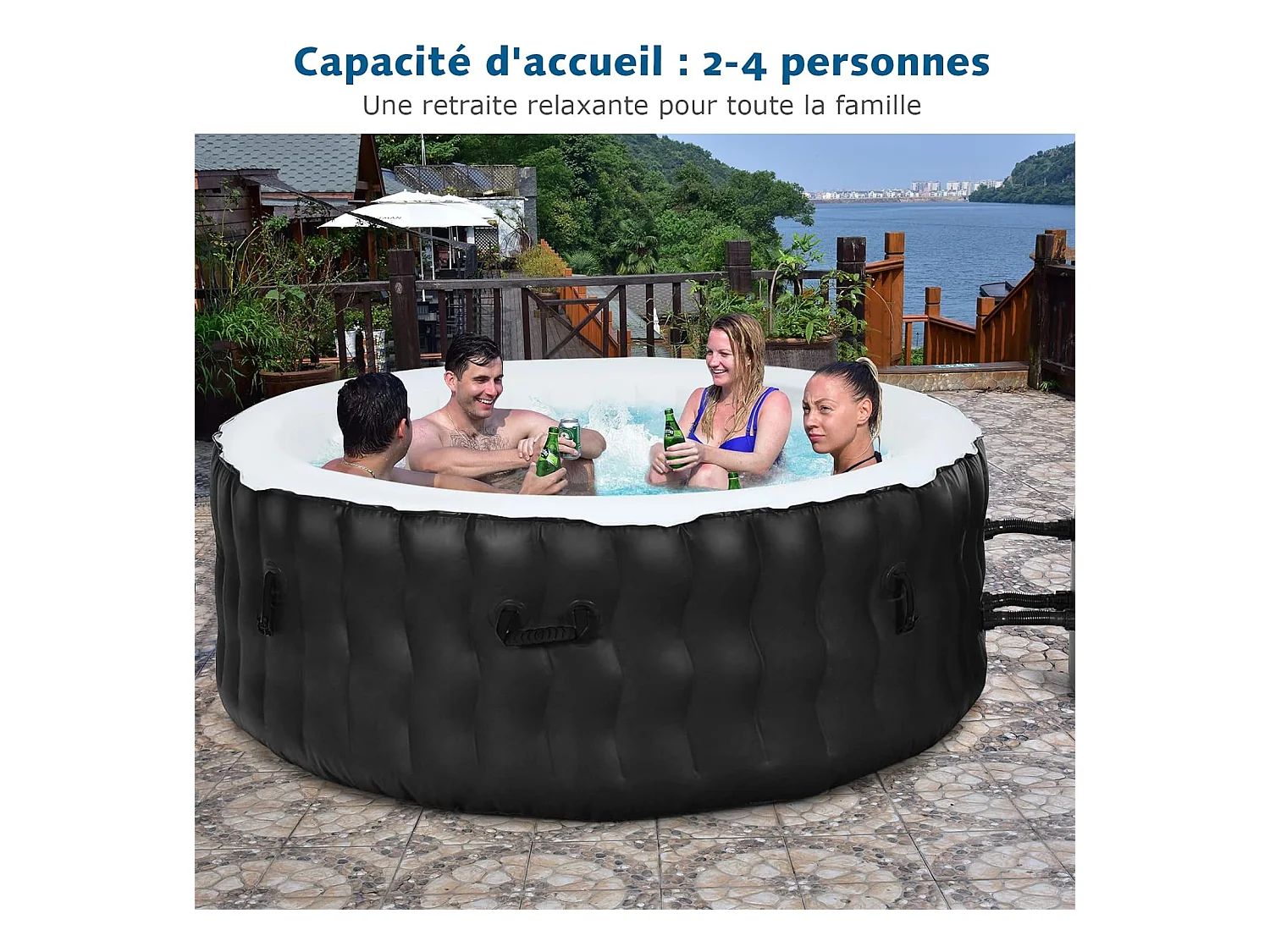 Spa Gonflable, 2 à 4 Personnes, 180 x 68 CM, Spa Rond Portable avec 108 Jets de Massage, Filtration à Cartouche et Bâche de Protection pour Le Spa, Noir (sans Appui-tête et Porte-gobelet)