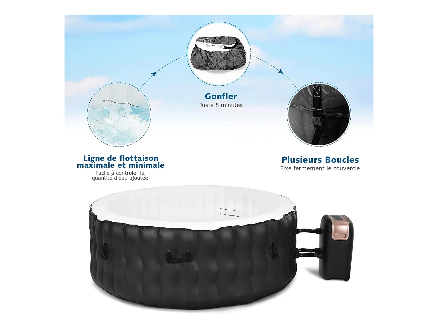 Spa Gonflable, 2 à 4 Personnes, 180 x 68 CM, Spa Rond Portable avec 108 Jets de Massage, Filtration à Cartouche et Bâche de Protection pour Le Spa, Noir (sans Appui-tête et Porte-gobelet)