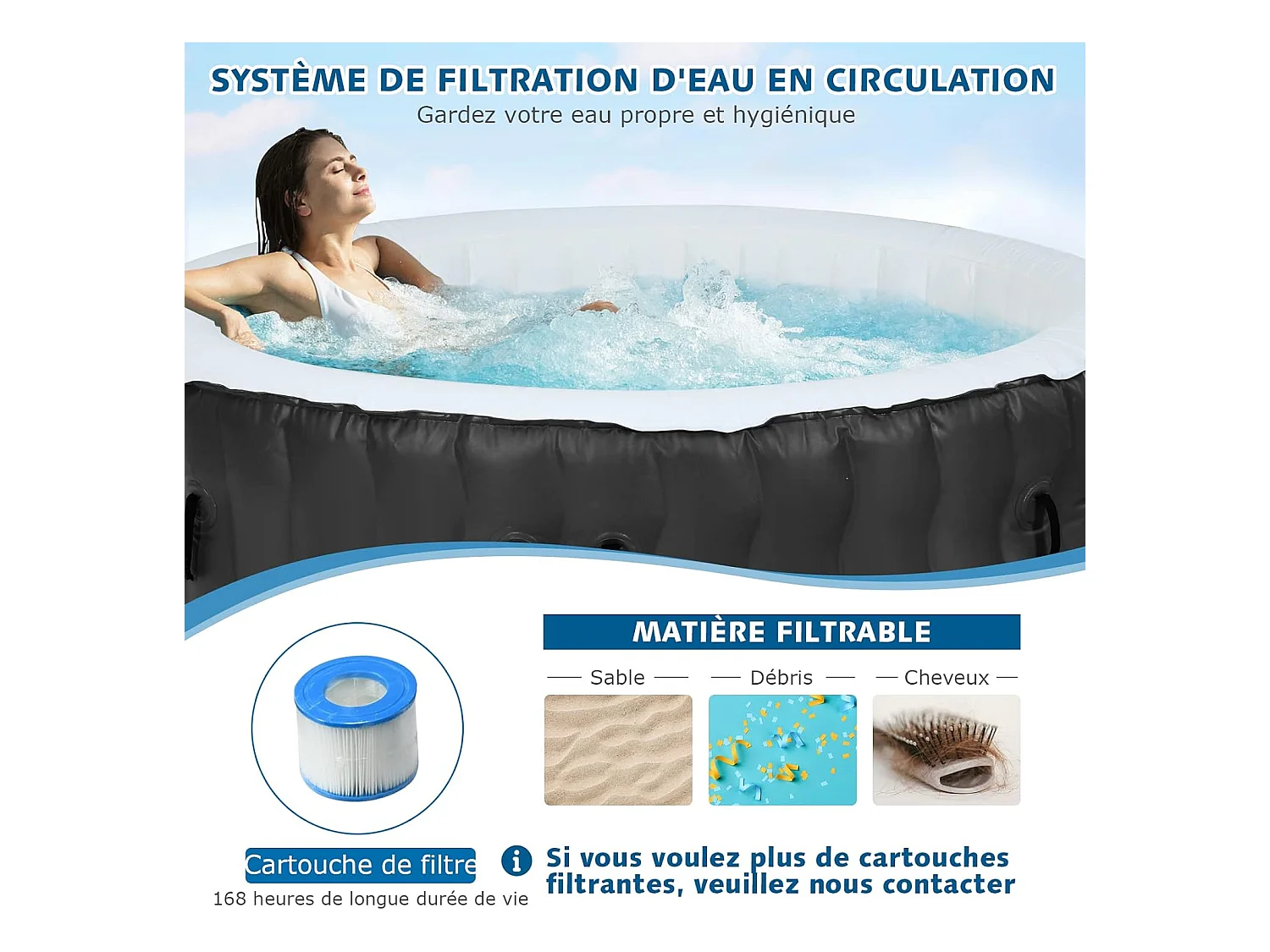 Spa Gonflable, 2 à 4 Personnes, 180 x 68 CM, Spa Rond Portable avec 108 Jets de Massage, Filtration à Cartouche et Bâche de Protection pour Le Spa, Noir (sans Appui-tête et Porte-gobelet)