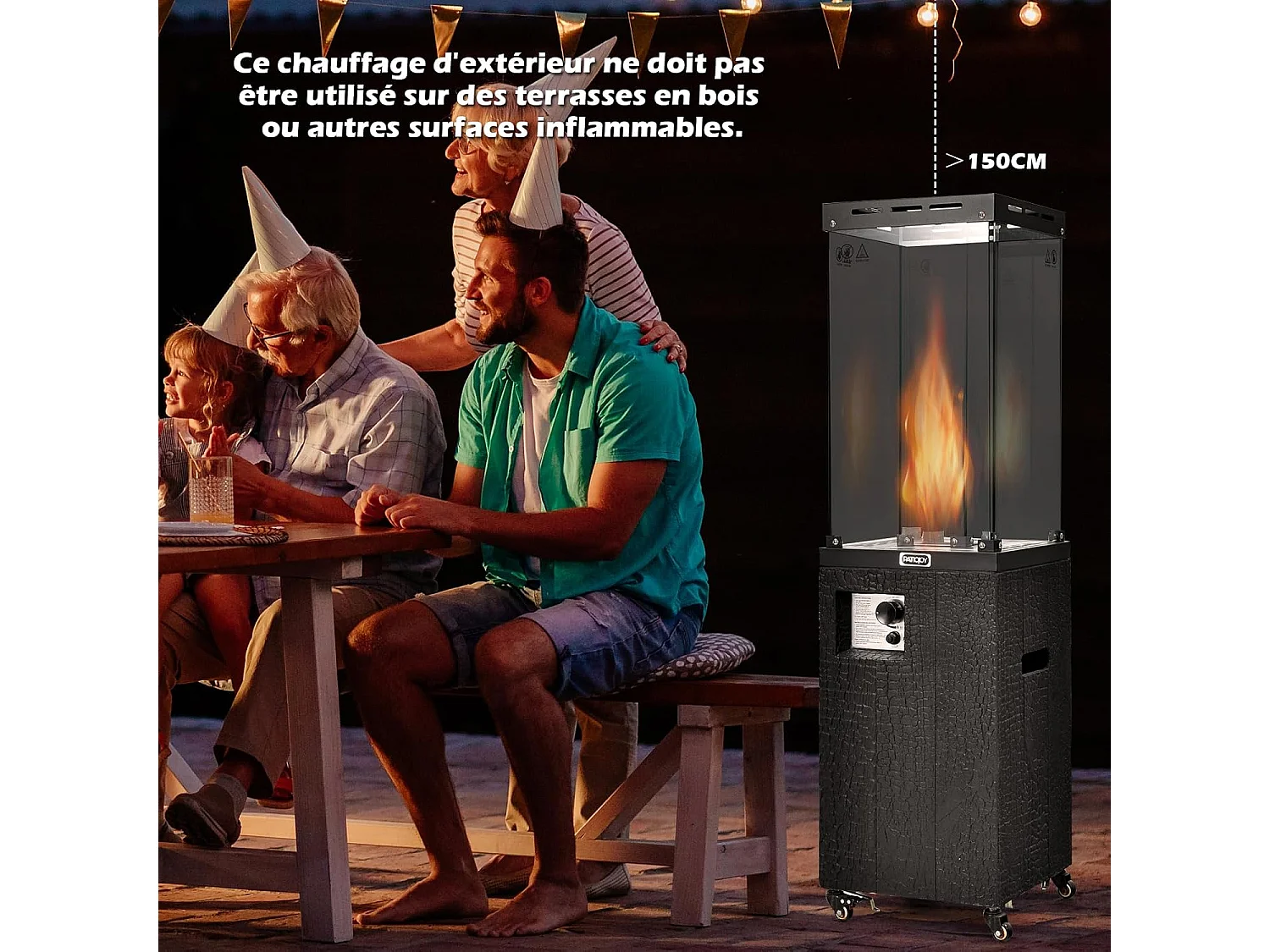 Chauffage de Terrasse Gaz 12 KW en Acier avec Protection Anti-Extinction et 4 Roues, Chauffage Exterieur à Roulettes avec Hosse de Protection