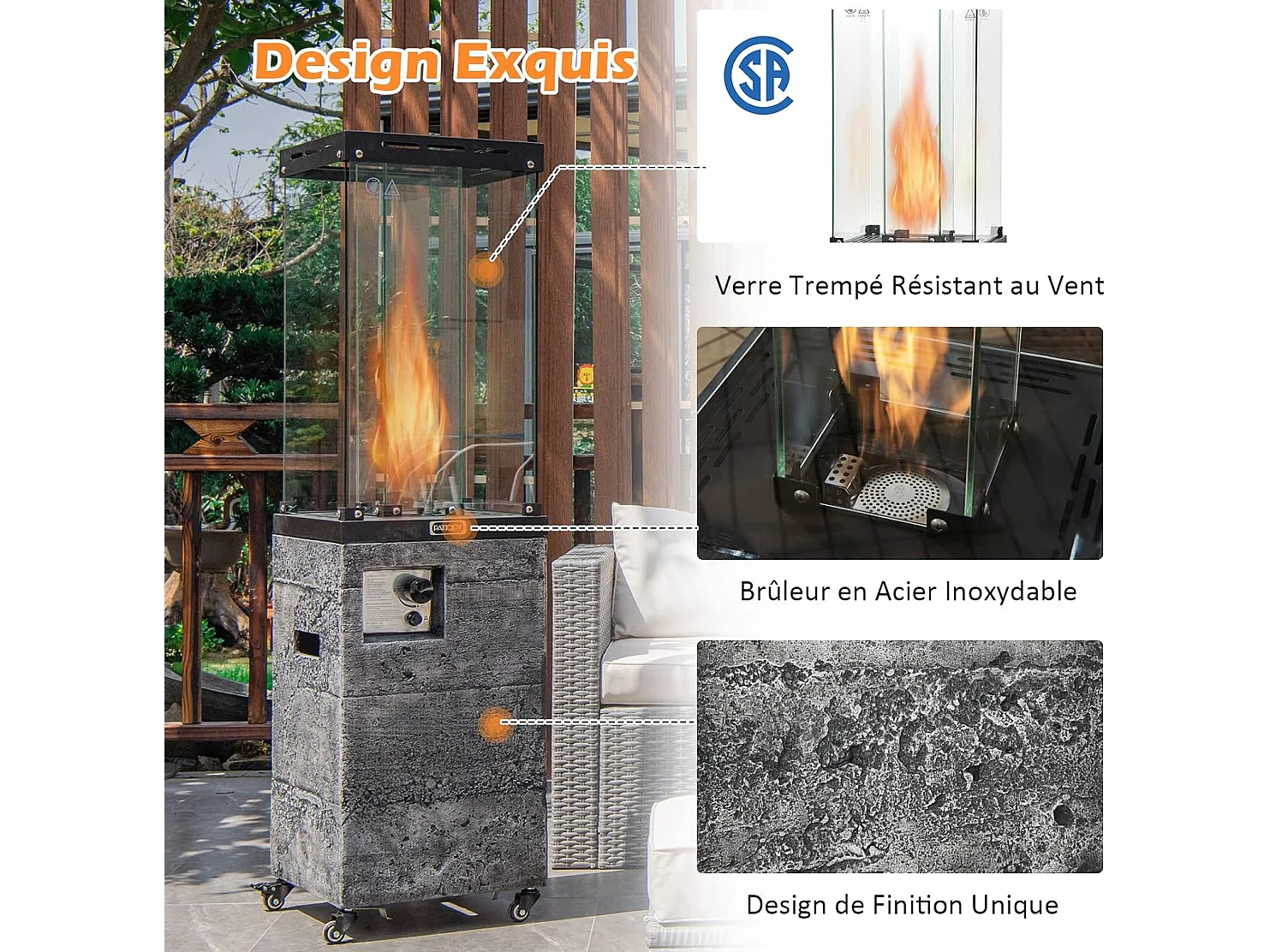 Chauffage de Terrasse Gaz 12 KW en Acier avec Protection Anti-Extinction et 4 Roues, Chauffage Exterieur à Roulettes avec Hosse de Protection