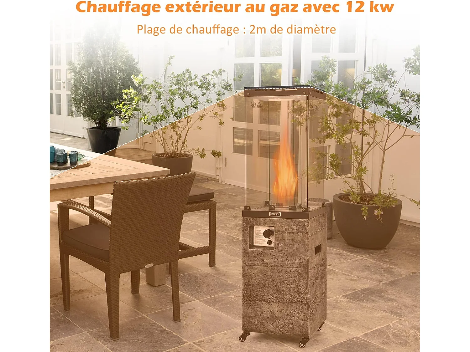 Chauffage de Terrasse Gaz 12 KW en Acier avec Protection Anti-Extinction et 4 Roues, Chauffage Exterieur à Roulettes avec Hosse de Protection