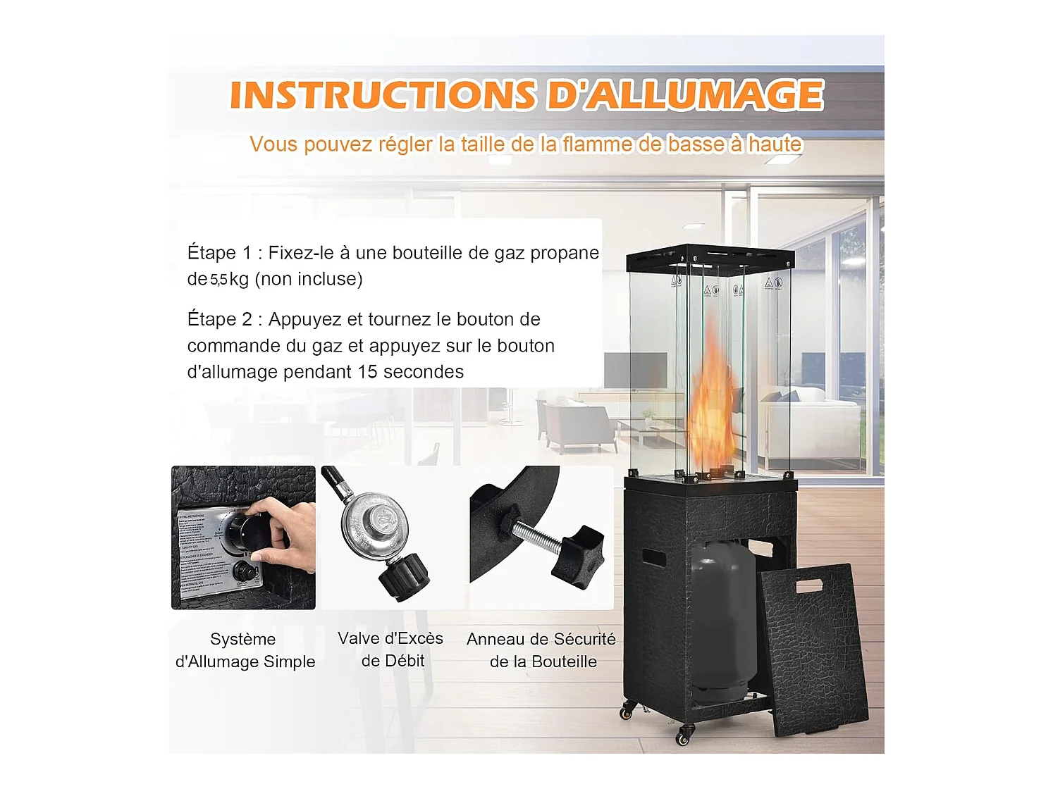 Chauffage de Terrasse Gaz 12 KW en Acier avec Protection Anti-Extinction et 4 Roues, Chauffage Exterieur à Roulettes avec Hosse de Protection