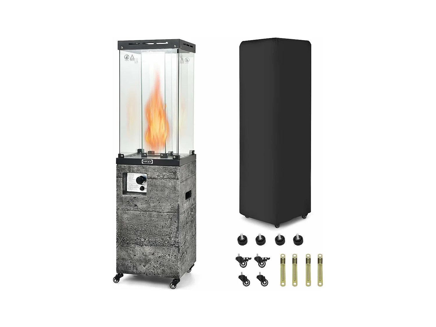 Chauffage de Terrasse Gaz 12 KW en Acier avec Protection Anti-Extinction et 4 Roues, Chauffage Exterieur à Roulettes avec Hosse de Protection