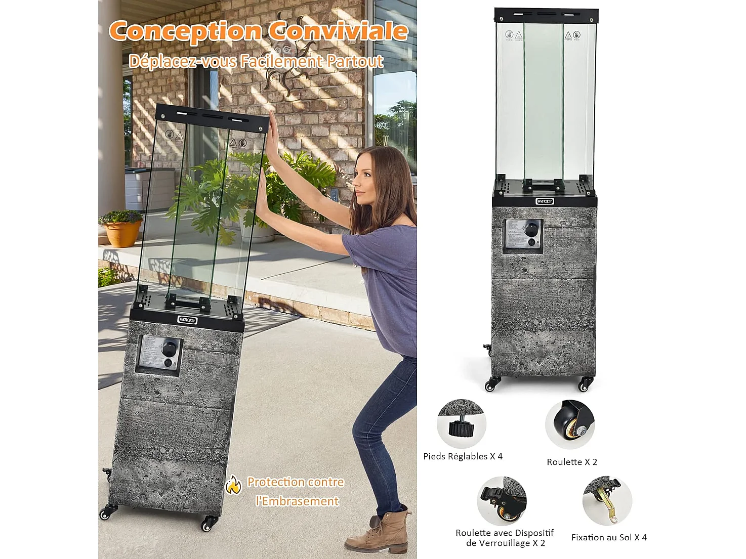 Chauffage de Terrasse Gaz 12 KW en Acier avec Protection Anti-Extinction et 4 Roues, Chauffage Exterieur à Roulettes avec Hosse de Protection