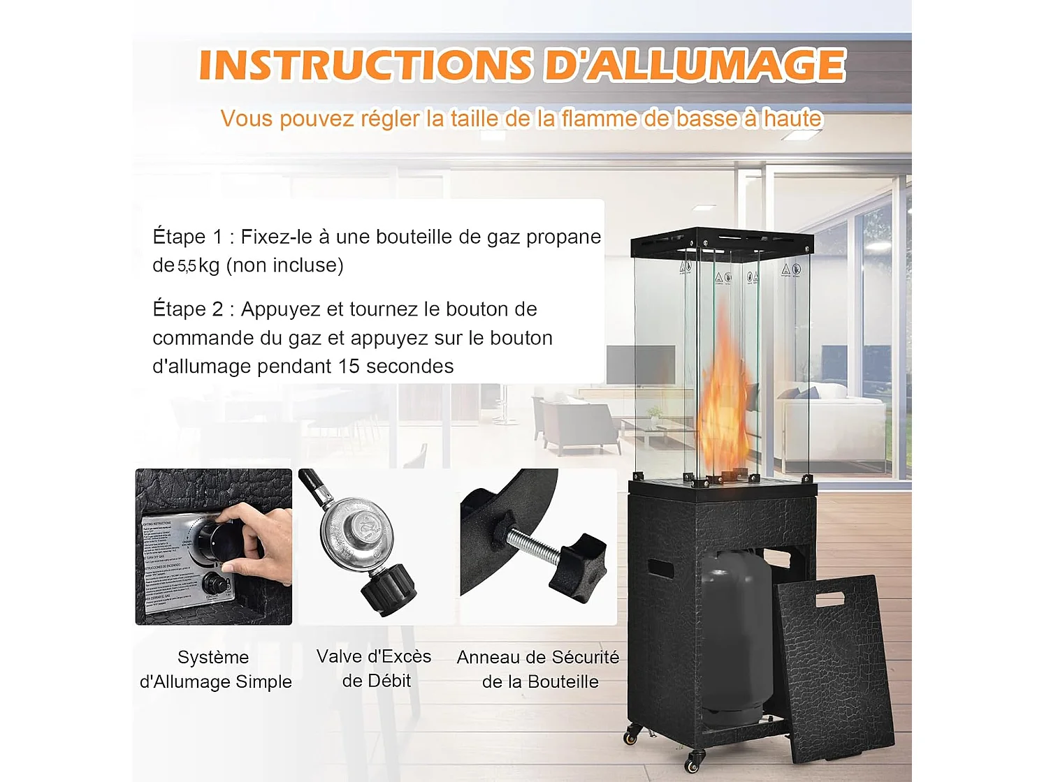 Chauffage de Terrasse Gaz 12 KW en Acier avec Protection Anti-Extinction et 4 Roues, Chauffage Exterieur à Roulettes avec Hosse de Protection