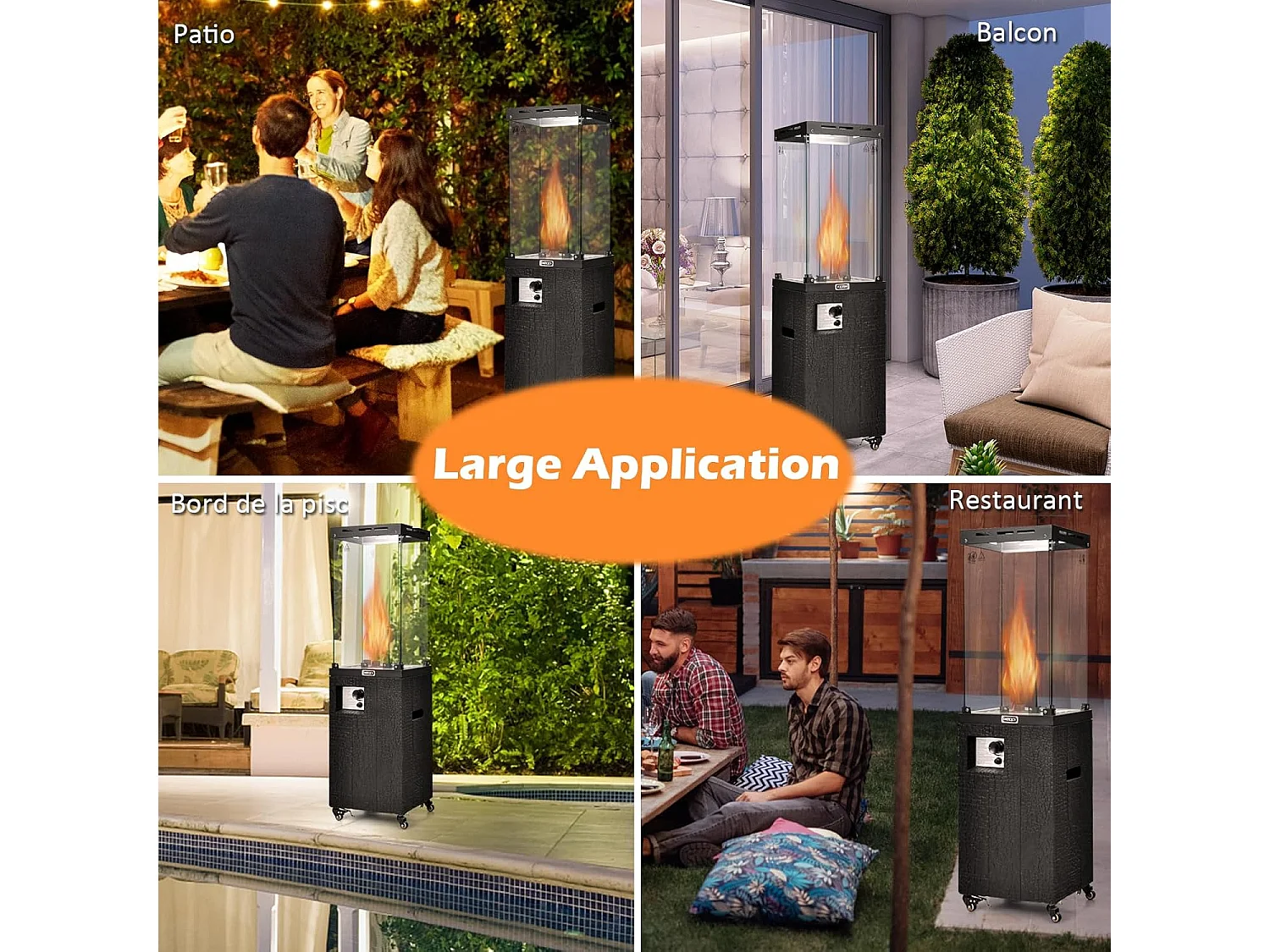 Chauffage de Terrasse Gaz 12 KW en Acier avec Protection Anti-Extinction et 4 Roues, Chauffage Exterieur à Roulettes avec Hosse de Protection