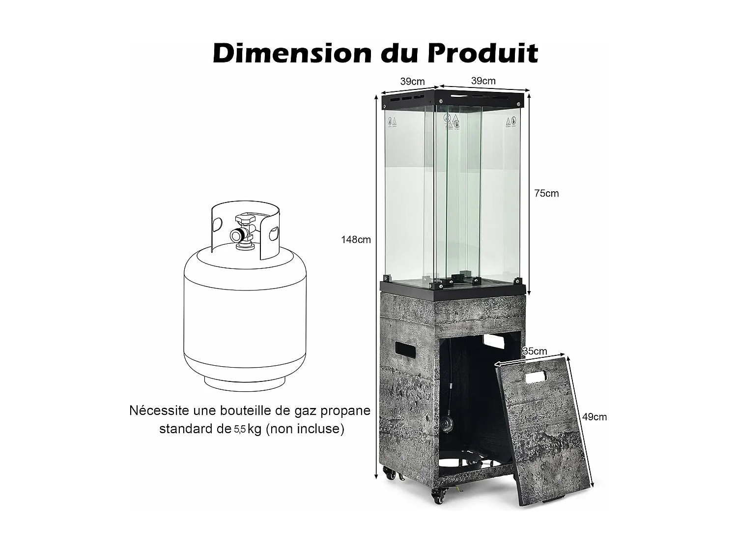 Chauffage de Terrasse Gaz 12 KW en Acier avec Protection Anti-Extinction et 4 Roues, Chauffage Exterieur à Roulettes avec Hosse de Protection