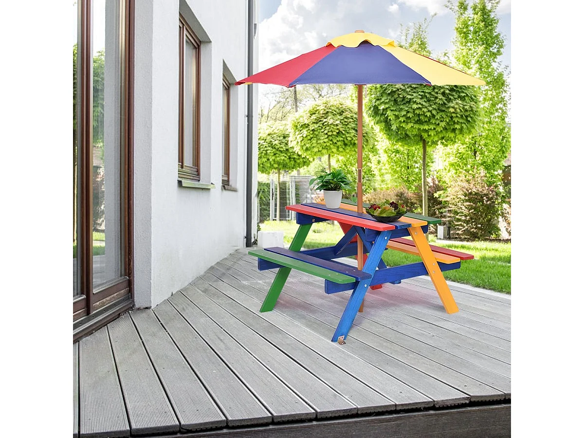 Table Pique-nique avec Parasol Amovible en Bois de Sapin 79 x 71 x 52,5 CM/Ensemble Table et Bancs de Jardin pour Enfants 4 Sièges pour Jardin Terrasse Patio