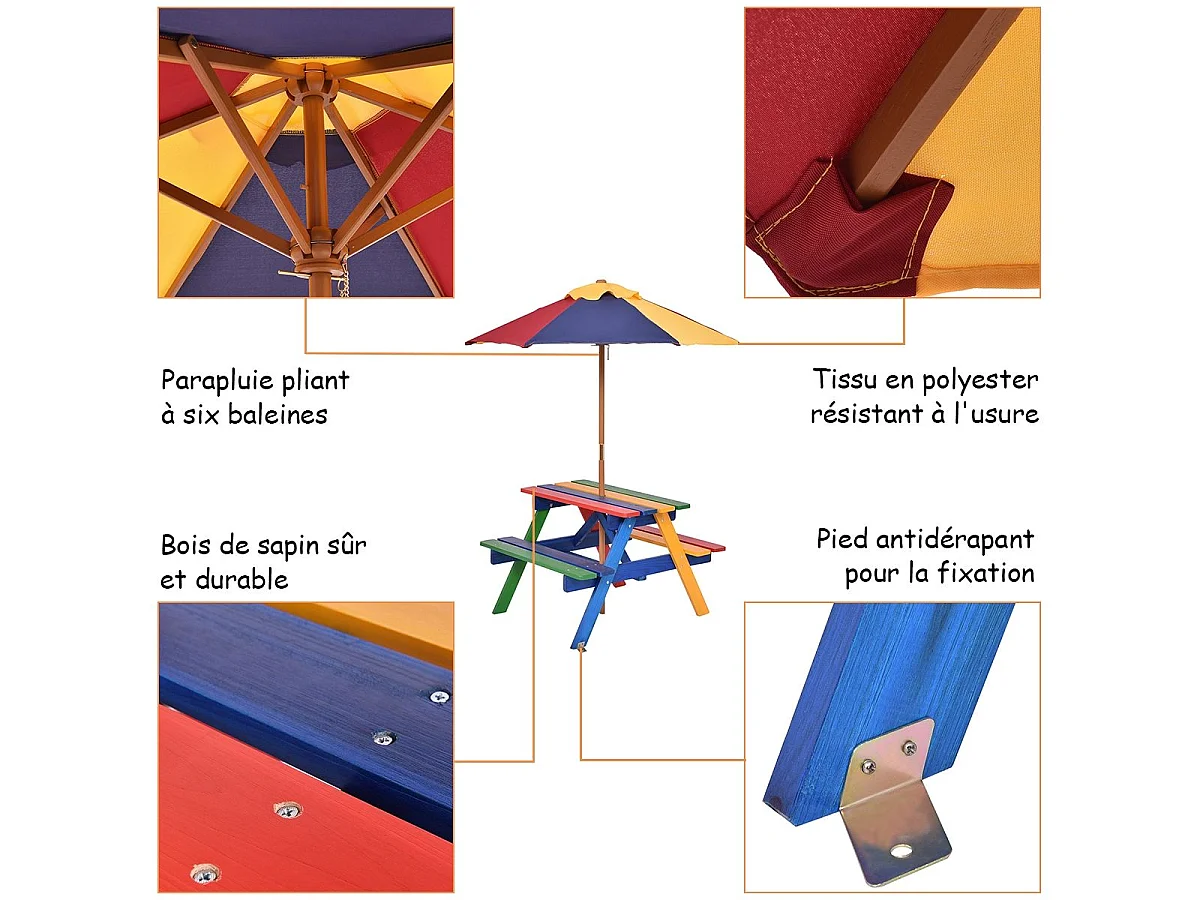 Table Pique-nique avec Parasol Amovible en Bois de Sapin 79 x 71 x 52,5 CM/Ensemble Table et Bancs de Jardin pour Enfants 4 Sièges pour Jardin Terrasse Patio