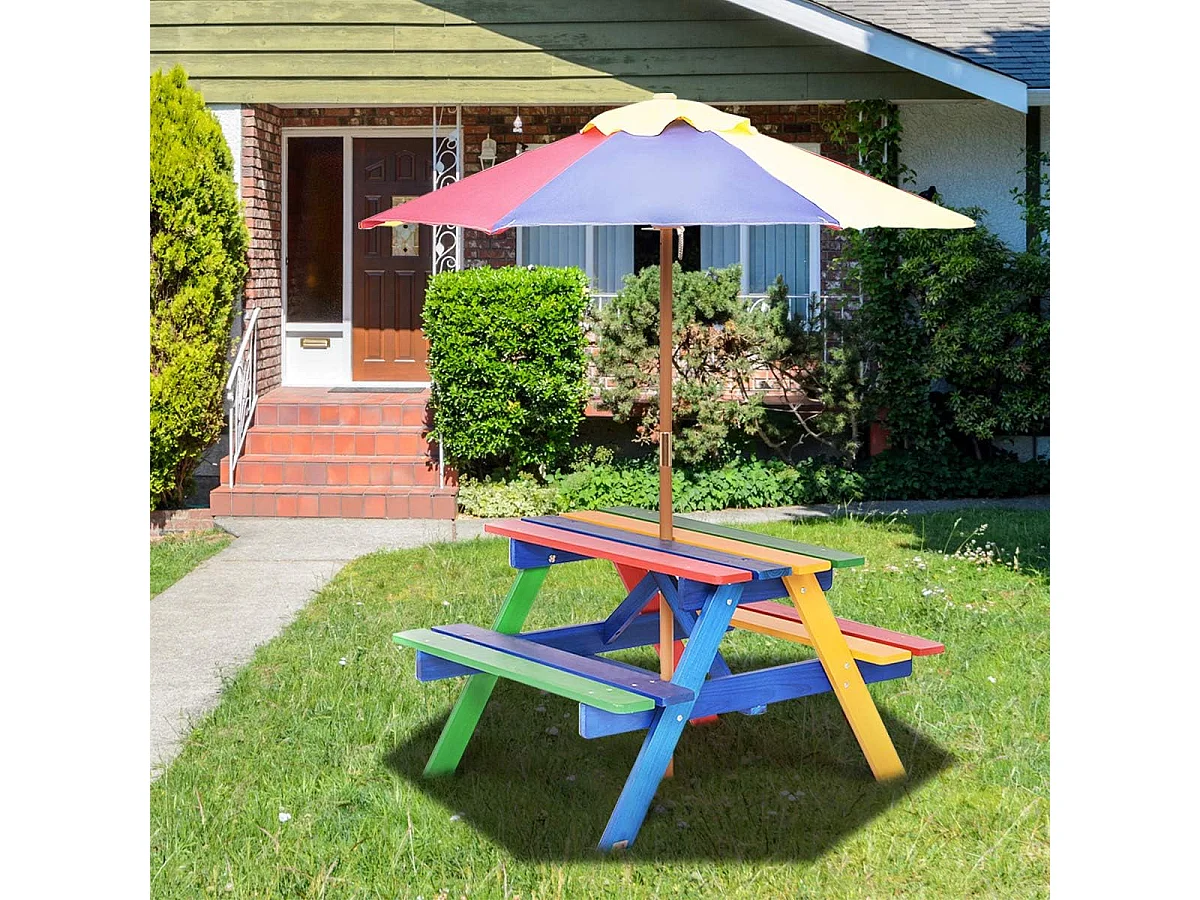 Table Pique-nique avec Parasol Amovible en Bois de Sapin 79 x 71 x 52,5 CM/Ensemble Table et Bancs de Jardin pour Enfants 4 Sièges pour Jardin Terrasse Patio