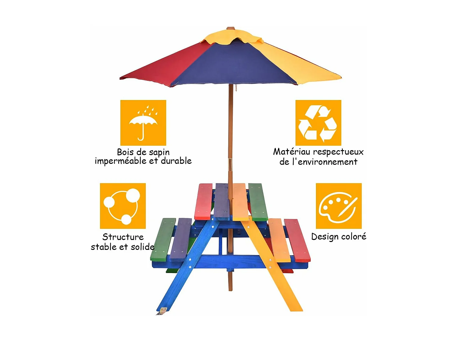 Table Pique-nique avec Parasol Amovible en Bois de Sapin 79 x 71 x 52,5 CM/Ensemble Table et Bancs de Jardin pour Enfants 4 Sièges pour Jardin Terrasse Patio