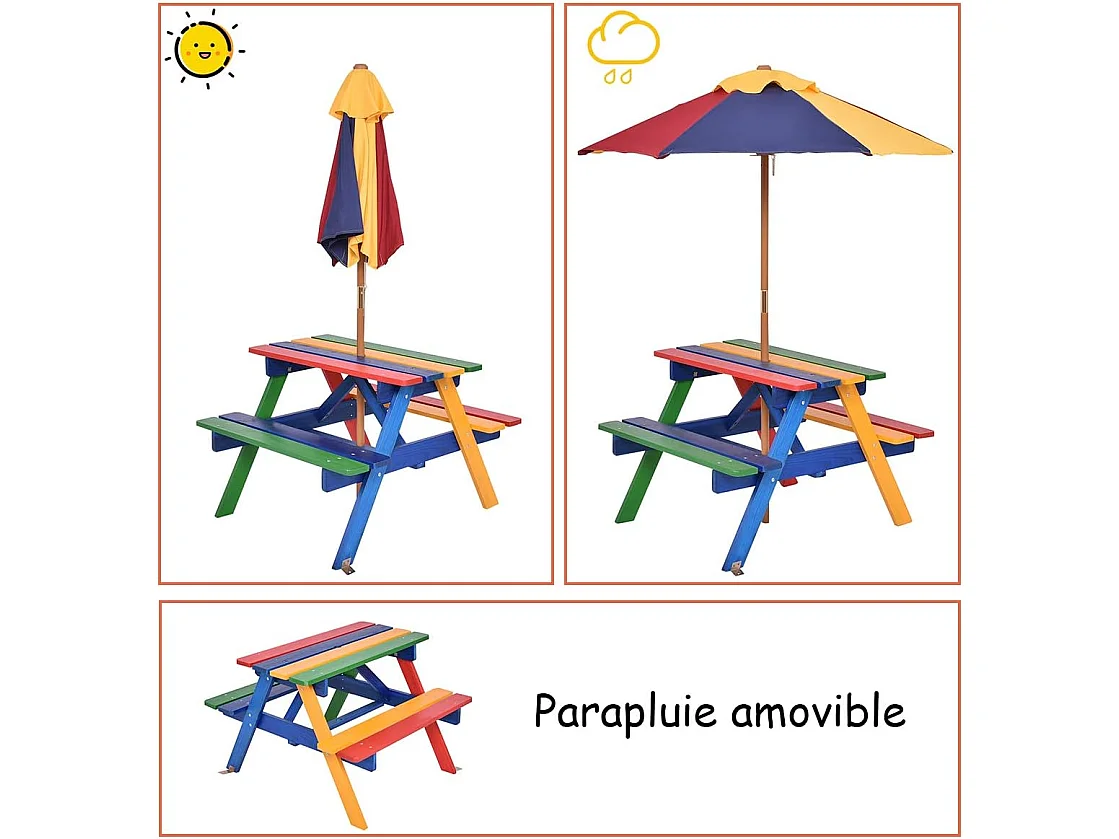 Table Pique-nique avec Parasol Amovible en Bois de Sapin 79 x 71 x 52,5 CM/Ensemble Table et Bancs de Jardin pour Enfants 4 Sièges pour Jardin Terrasse Patio