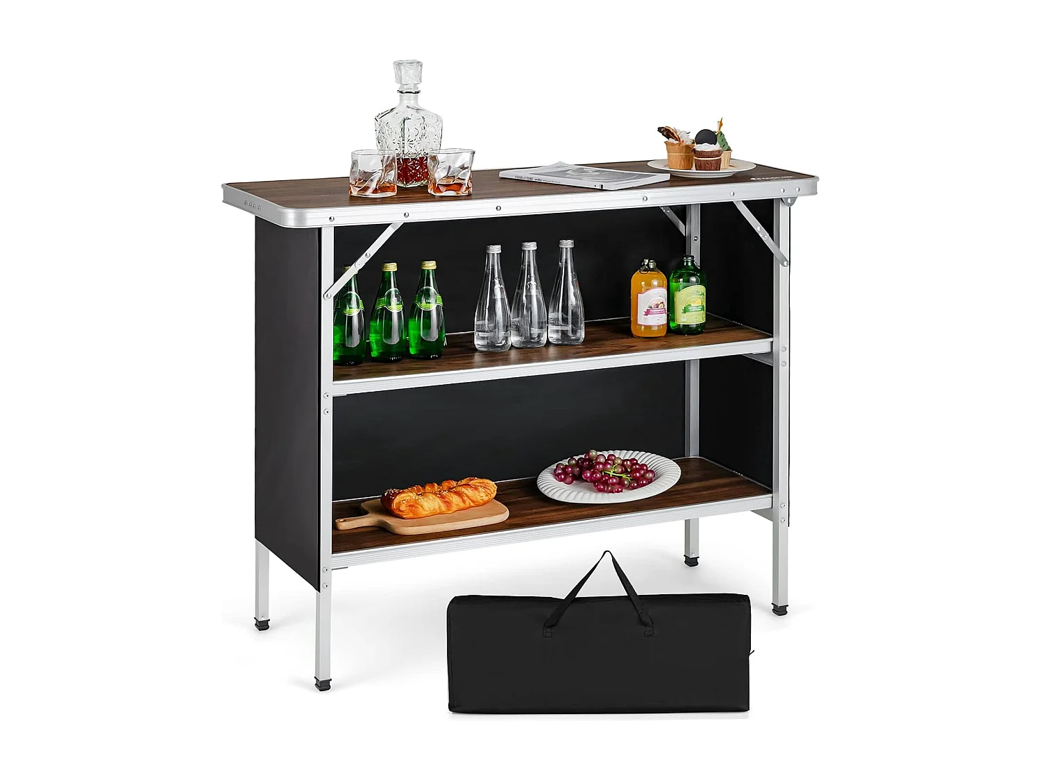 Table de camping pliante 110 x 38 x 88 cm-en Aluminium,Tissu et velours Oxford-3 Étagères-Sac de Transport pour Pique-Nique, Jardin, Café