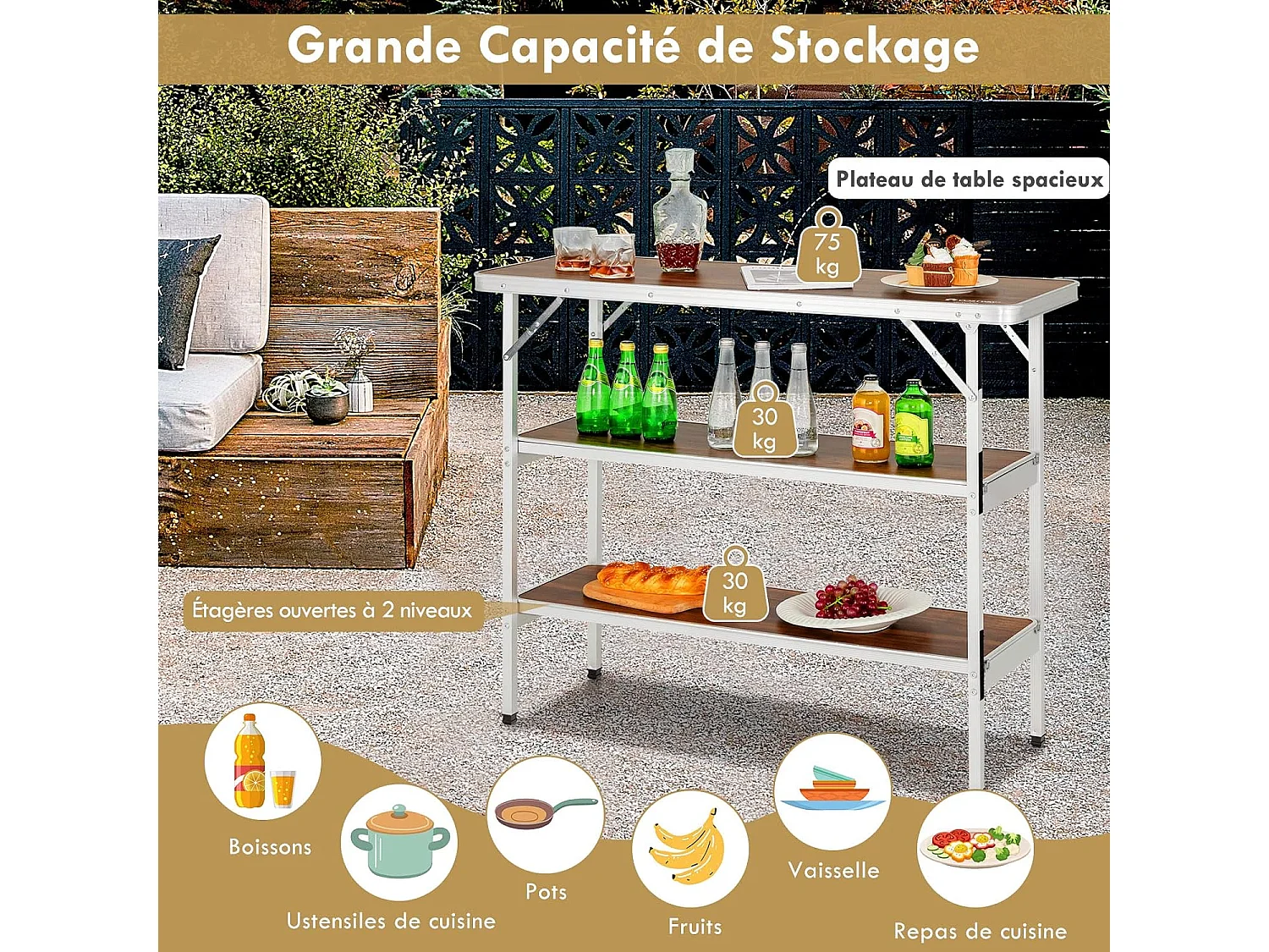 Table de camping pliante 110 x 38 x 88 cm-en Aluminium,Tissu et velours Oxford-3 Étagères-Sac de Transport pour Pique-Nique, Jardin, Café