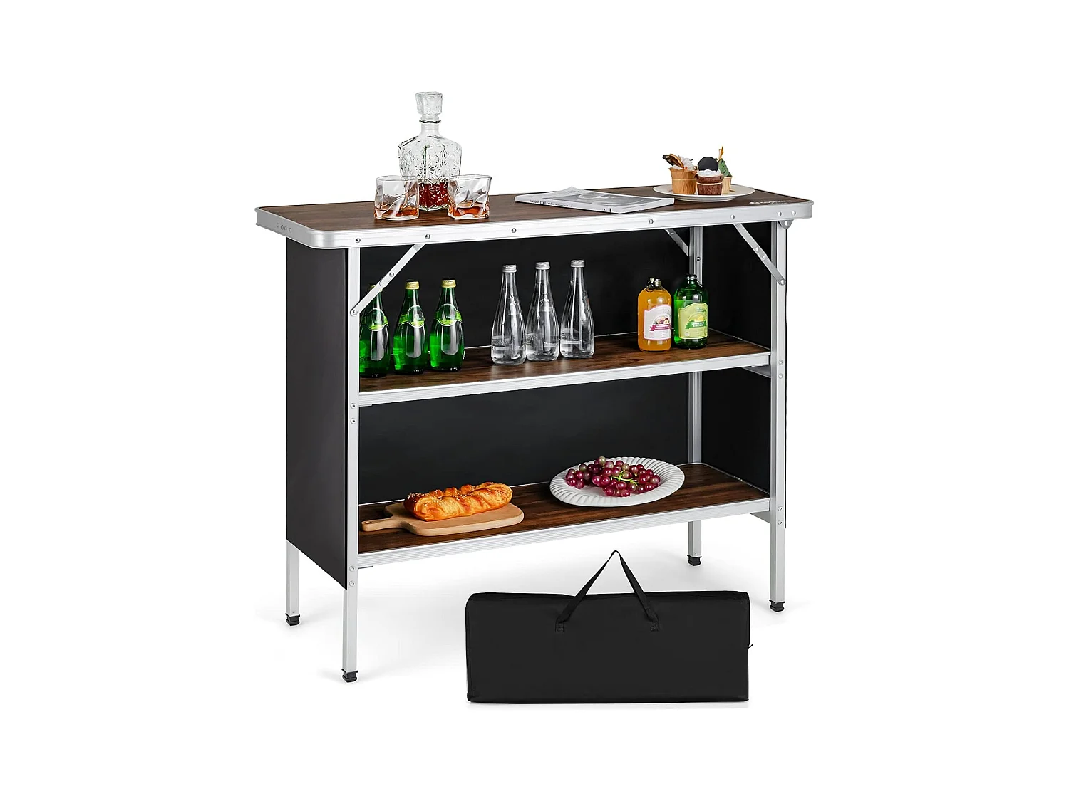 Table de camping pliante 110 x 38 x 88 cm-en Aluminium,Tissu et velours Oxford-3 Étagères-Sac de Transport pour Pique-Nique, Jardin, Café