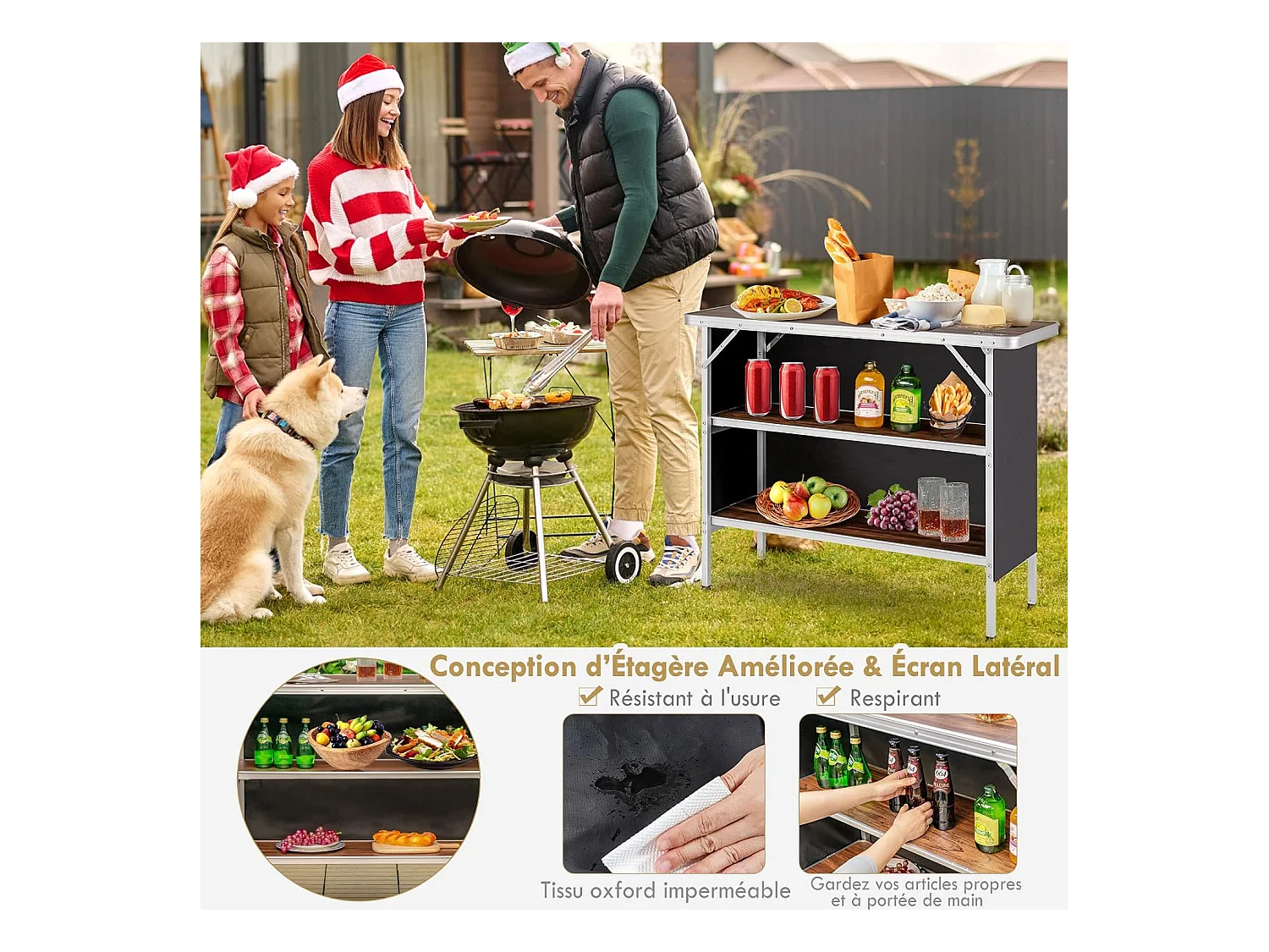 Table de camping pliante 110 x 38 x 88 cm-en Aluminium,Tissu et velours Oxford-3 Étagères-Sac de Transport pour Pique-Nique, Jardin, Café