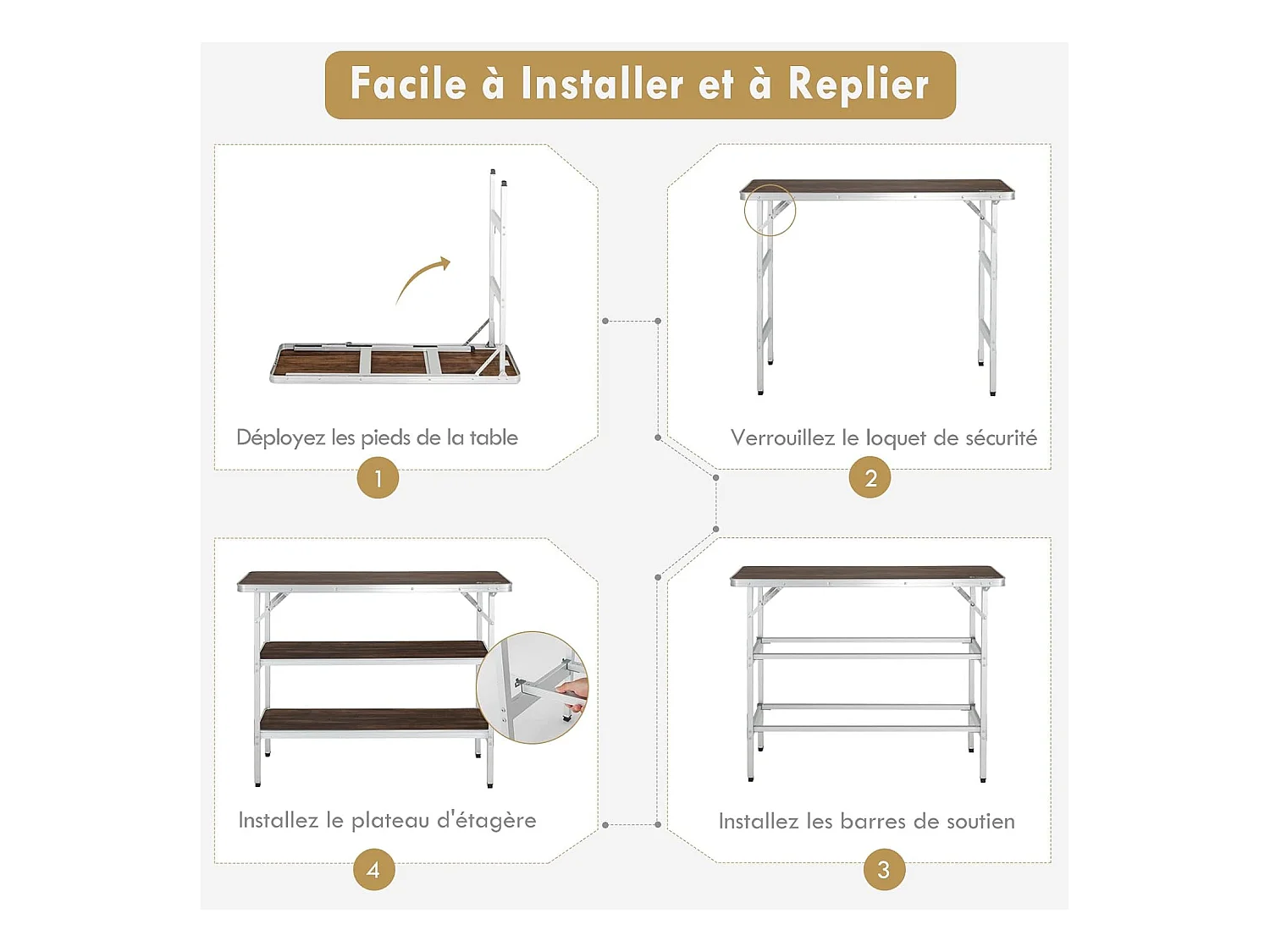 Table de camping pliante 110 x 38 x 88 cm-en Aluminium,Tissu et velours Oxford-3 Étagères-Sac de Transport pour Pique-Nique, Jardin, Café