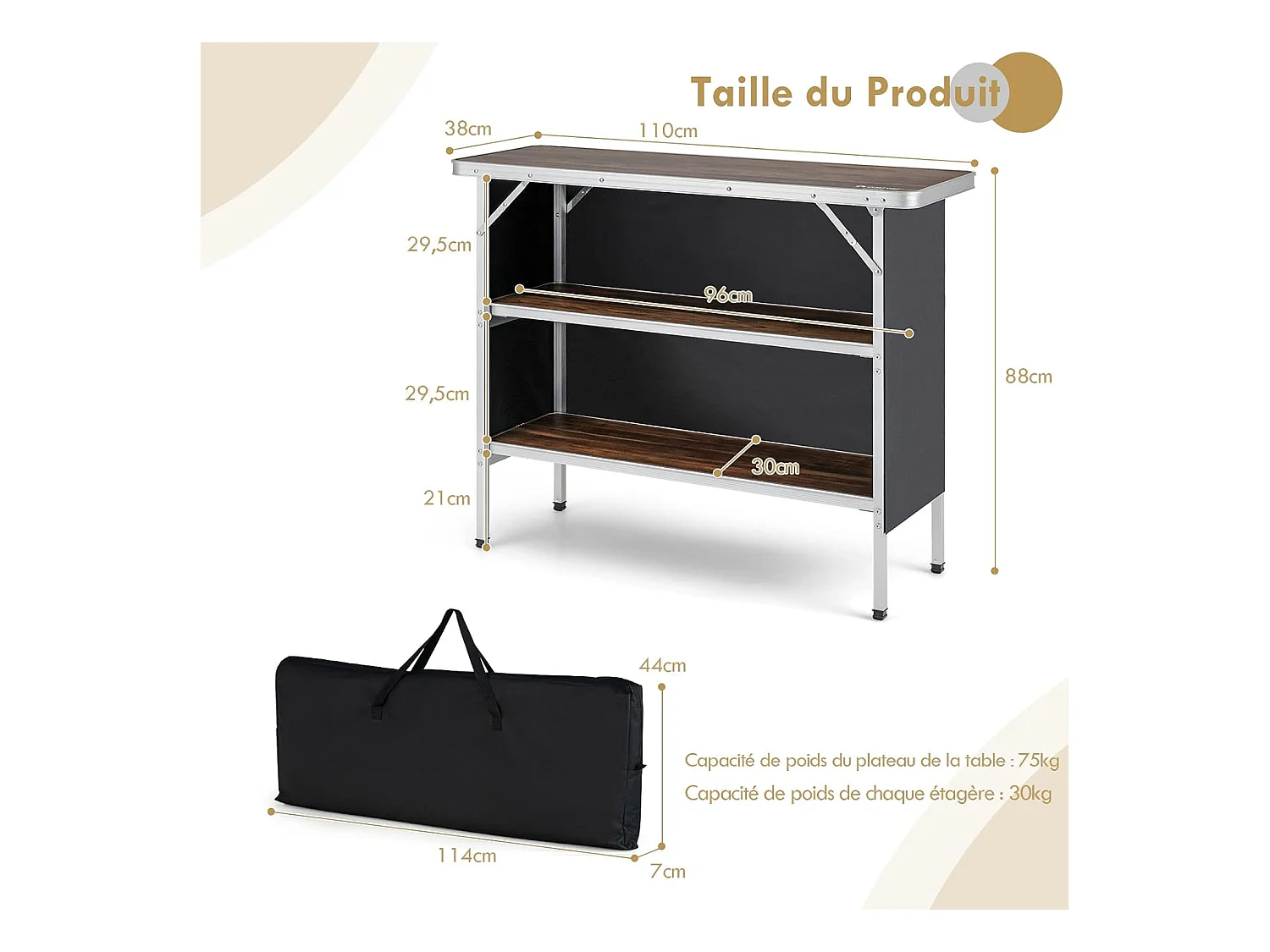 Table de camping pliante 110 x 38 x 88 cm-en Aluminium,Tissu et velours Oxford-3 Étagères-Sac de Transport pour Pique-Nique, Jardin, Café