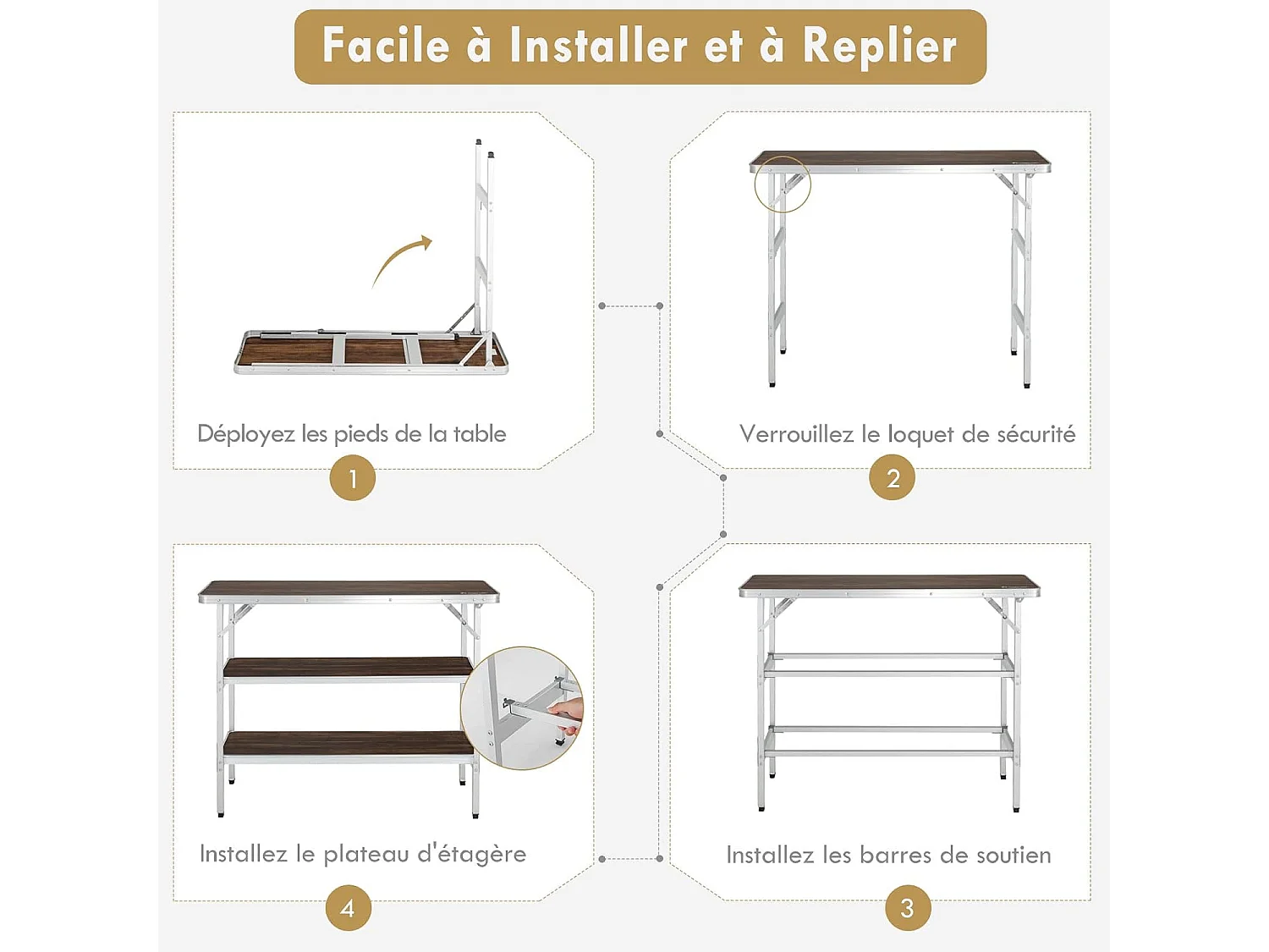 Table de camping pliante 110 x 38 x 88 cm-en Aluminium,Tissu et velours Oxford-3 Étagères-Sac de Transport pour Pique-Nique, Jardin, Café