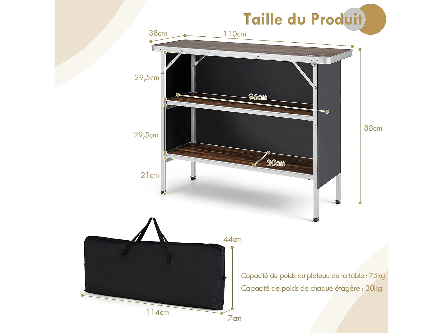 Table de camping pliante 110 x 38 x 88 cm-en Aluminium,Tissu et velours Oxford-3 Étagères-Sac de Transport pour Pique-Nique, Jardin, Café