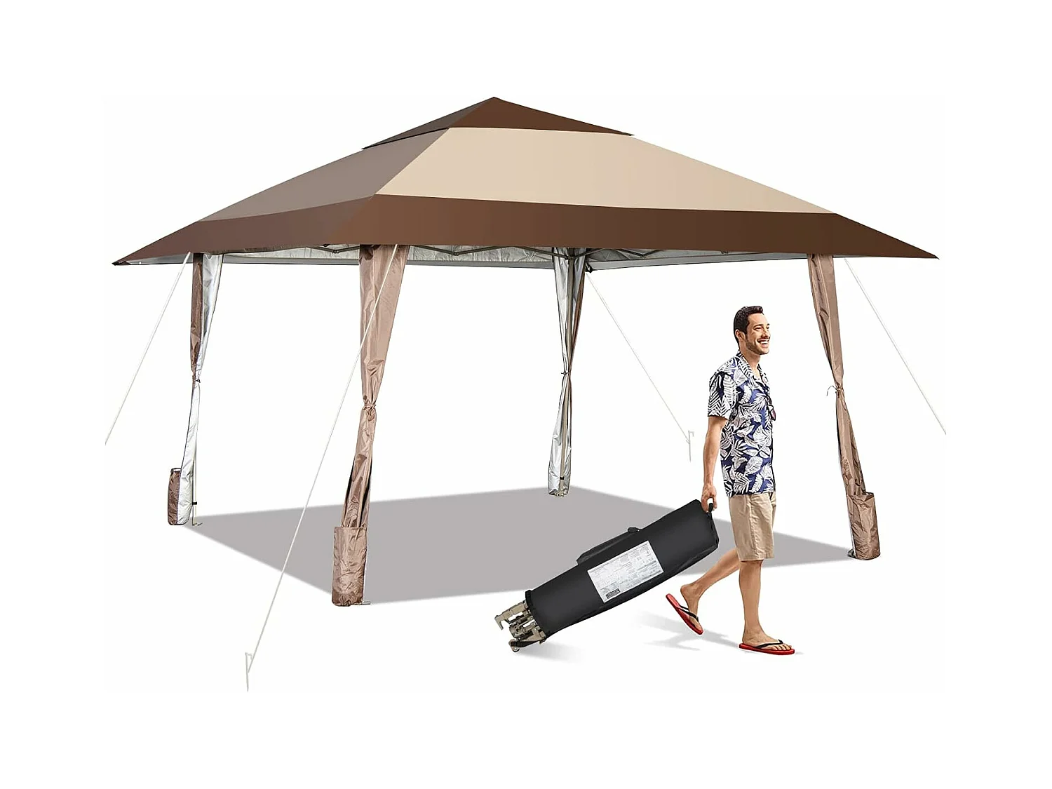 Tonnelle de Jardin Pliante 4M x 4M avec Supports en Fer et Roues/Tente de Reception Imperméable + à Hauteur 265-285CM Avant-Toits, pour 8-10 Personnes-Beige