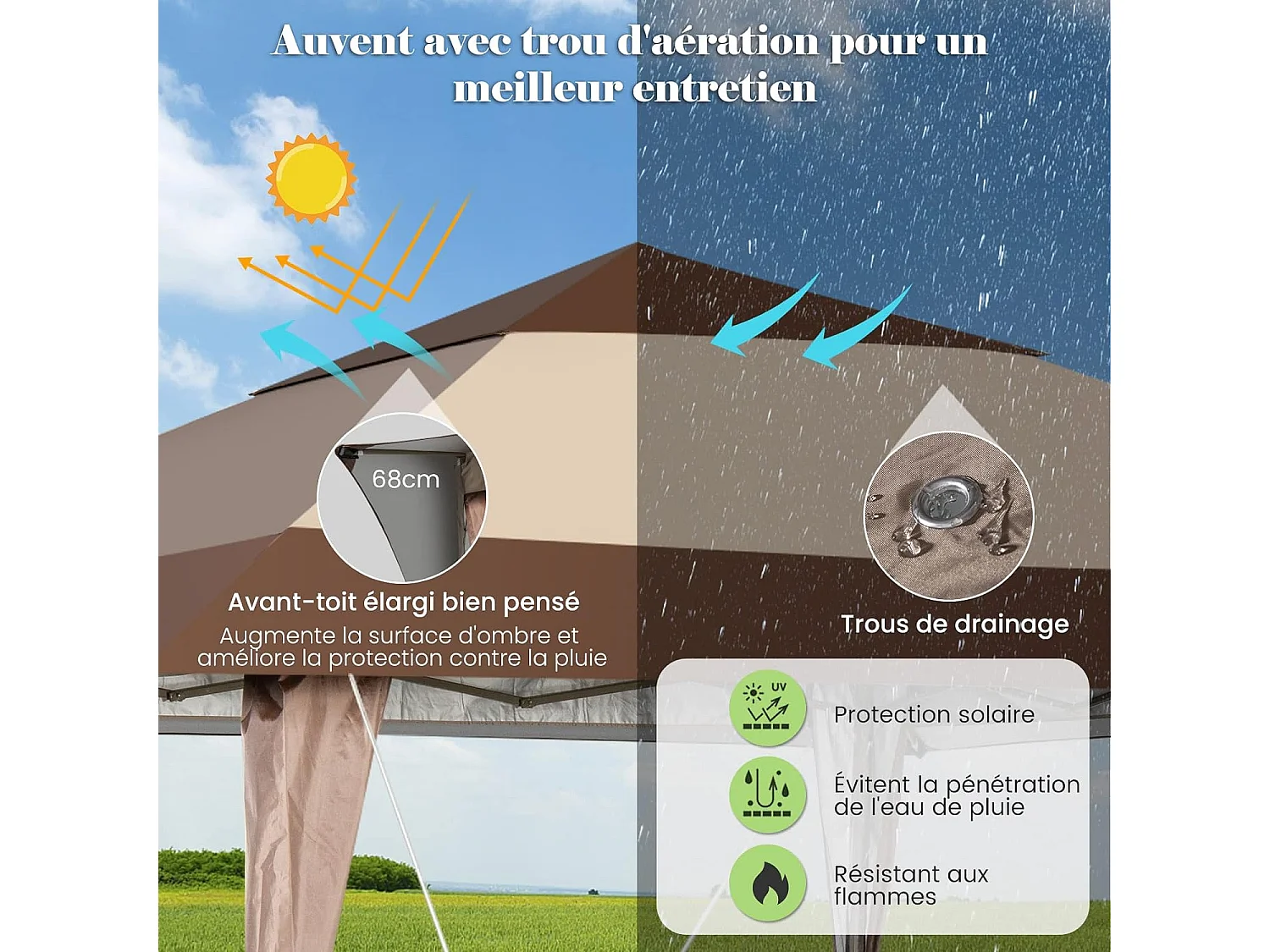 Tonnelle de Jardin Pliante 4M x 4M avec Supports en Fer et Roues/Tente de Reception Imperméable + à Hauteur 265-285CM Avant-Toits, pour 8-10 Personnes-Beige