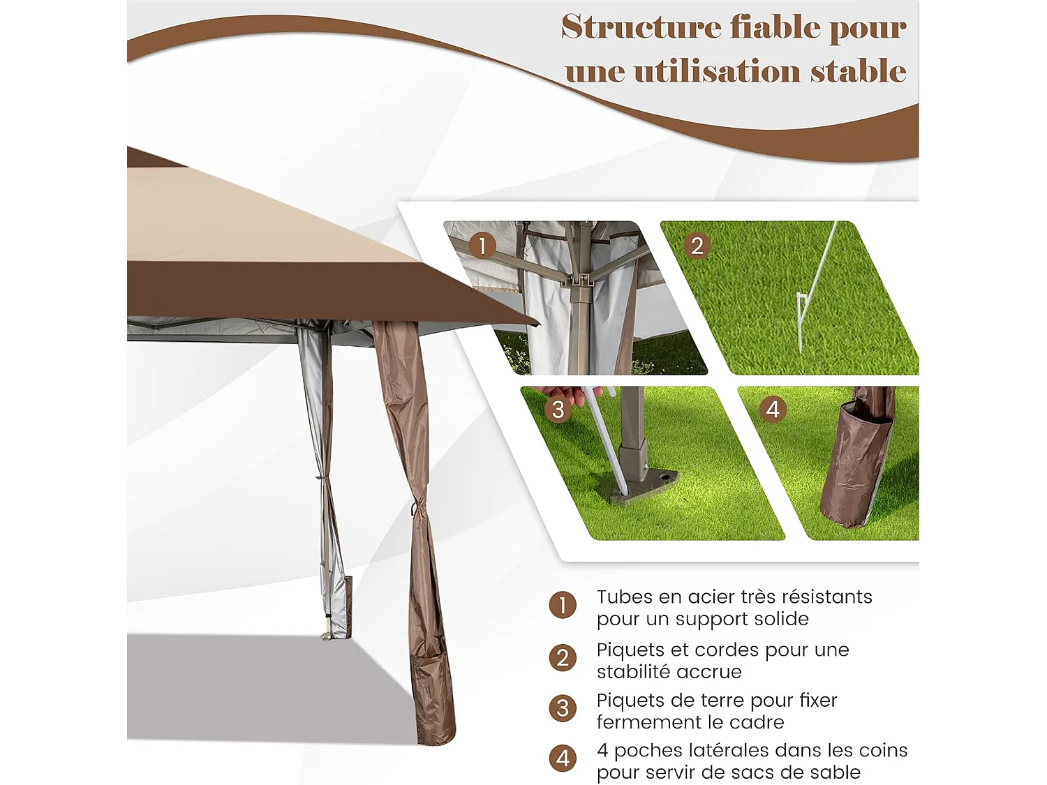 Tonnelle de Jardin Pliante 4M x 4M avec Supports en Fer et Roues/Tente de Reception Imperméable + à Hauteur 265-285CM Avant-Toits, pour 8-10 Personnes-Beige