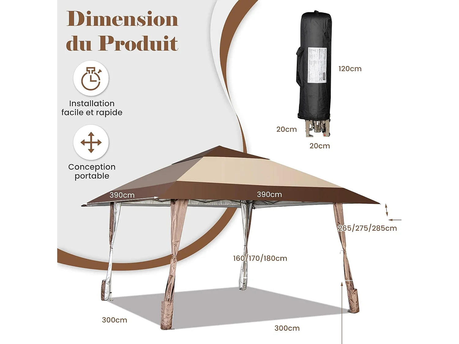 Tonnelle de Jardin Pliante 4M x 4M avec Supports en Fer et Roues/Tente de Reception Imperméable + à Hauteur 265-285CM Avant-Toits, pour 8-10 Personnes-Beige