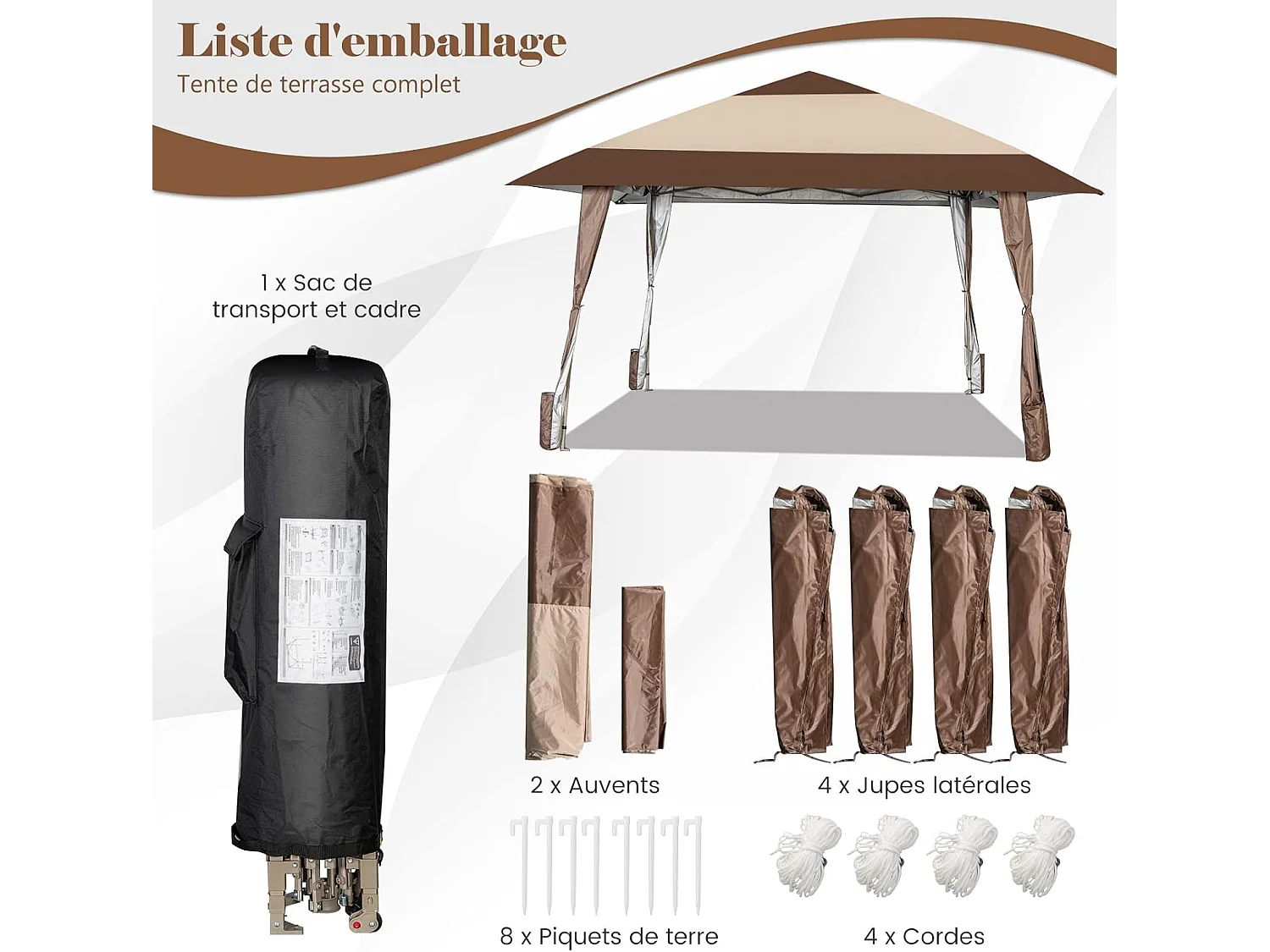Tonnelle de Jardin Pliante 4M x 4M avec Supports en Fer et Roues/Tente de Reception Imperméable + à Hauteur 265-285CM Avant-Toits, pour 8-10 Personnes-Beige