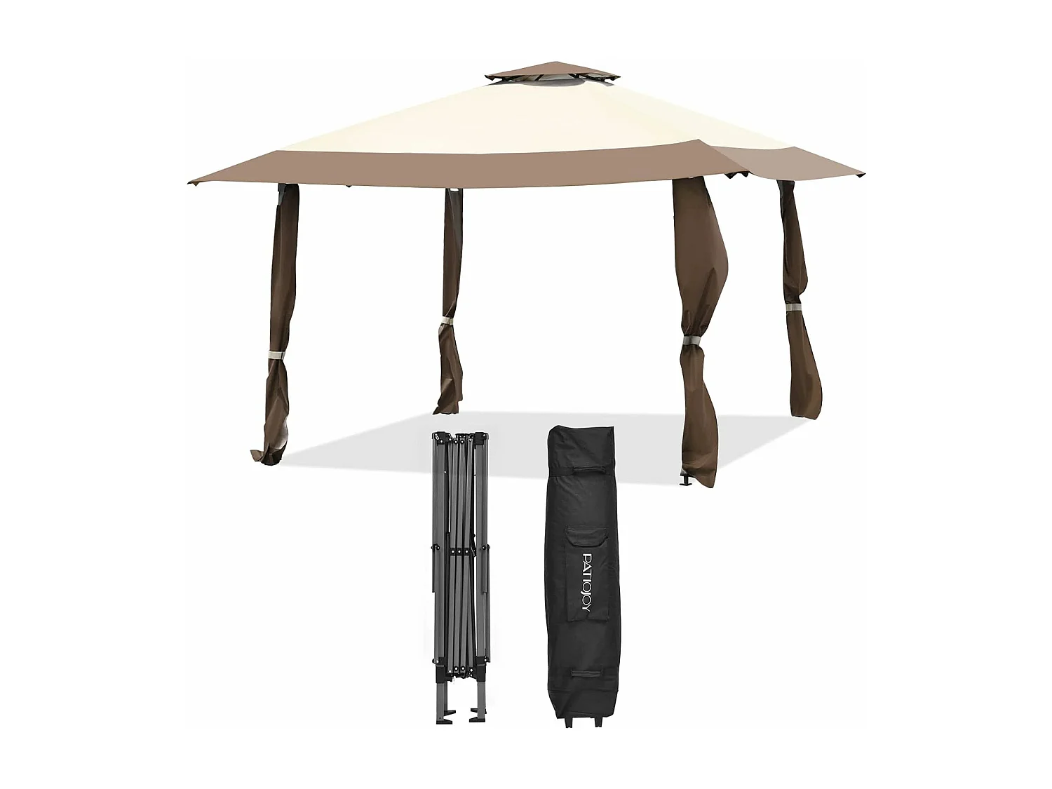 Tonnelle Barnum de Jardin Pliante Pop-up 3,95x3,95M 2 Toit Ventilés Tissu et velours Oxford 3 Hauteurs Réglable Sac de Rangement(Marron)