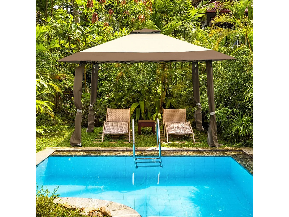 Tonnelle Barnum de Jardin Pliante Pop-up 3,95x3,95M 2 Toit Ventilés Tissu et velours Oxford 3 Hauteurs Réglable Sac de Rangement(Marron)