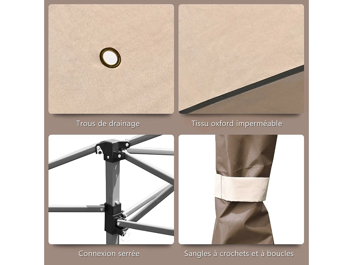 Tonnelle Barnum de Jardin Pliante Pop-up 3,95x3,95M 2 Toit Ventilés Tissu et velours Oxford 3 Hauteurs Réglable Sac de Rangement(Marron)