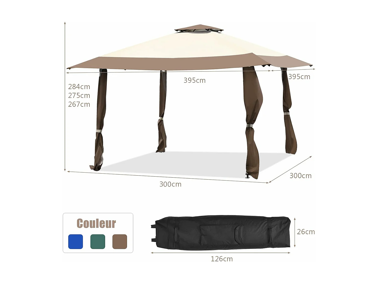 Tonnelle Barnum de Jardin Pliante Pop-up 3,95x3,95M 2 Toit Ventilés Tissu et velours Oxford 3 Hauteurs Réglable Sac de Rangement(Marron)