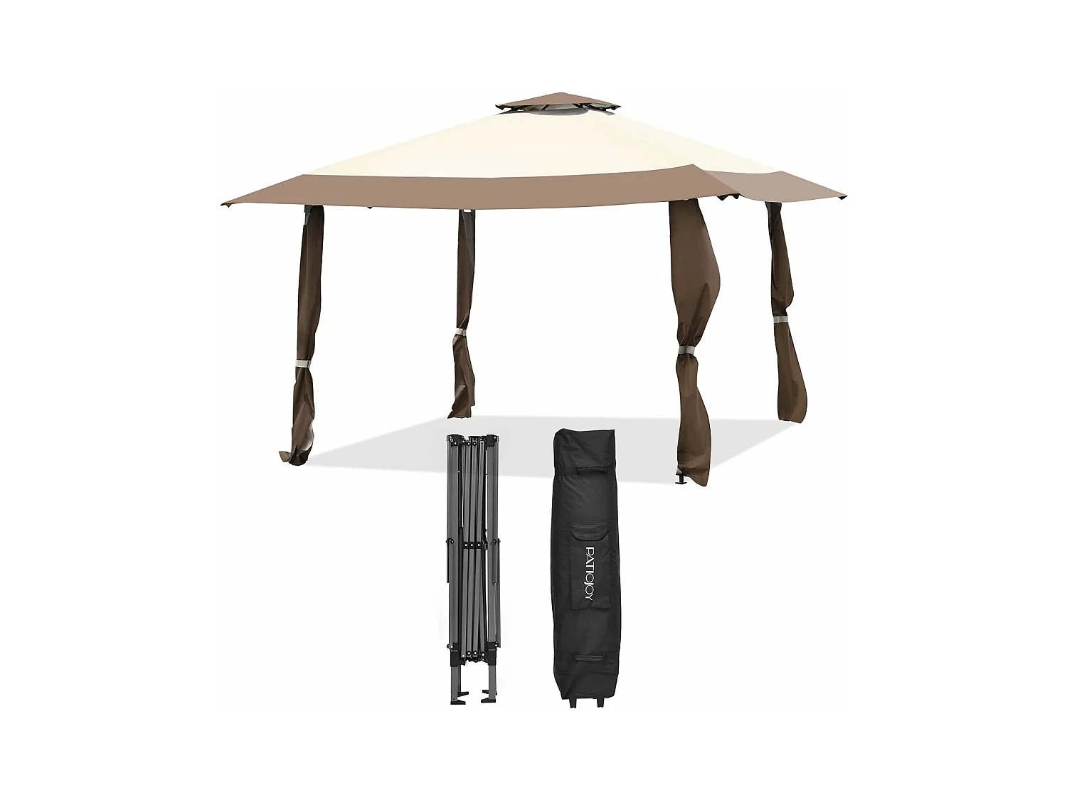 Opvouwbare tuinprieel 3,95 x 3,95 m, 2 geventileerde daken, Oxford-stof en fluweel, 3 verstelbare hoogtes, opbergtas (bruin)
