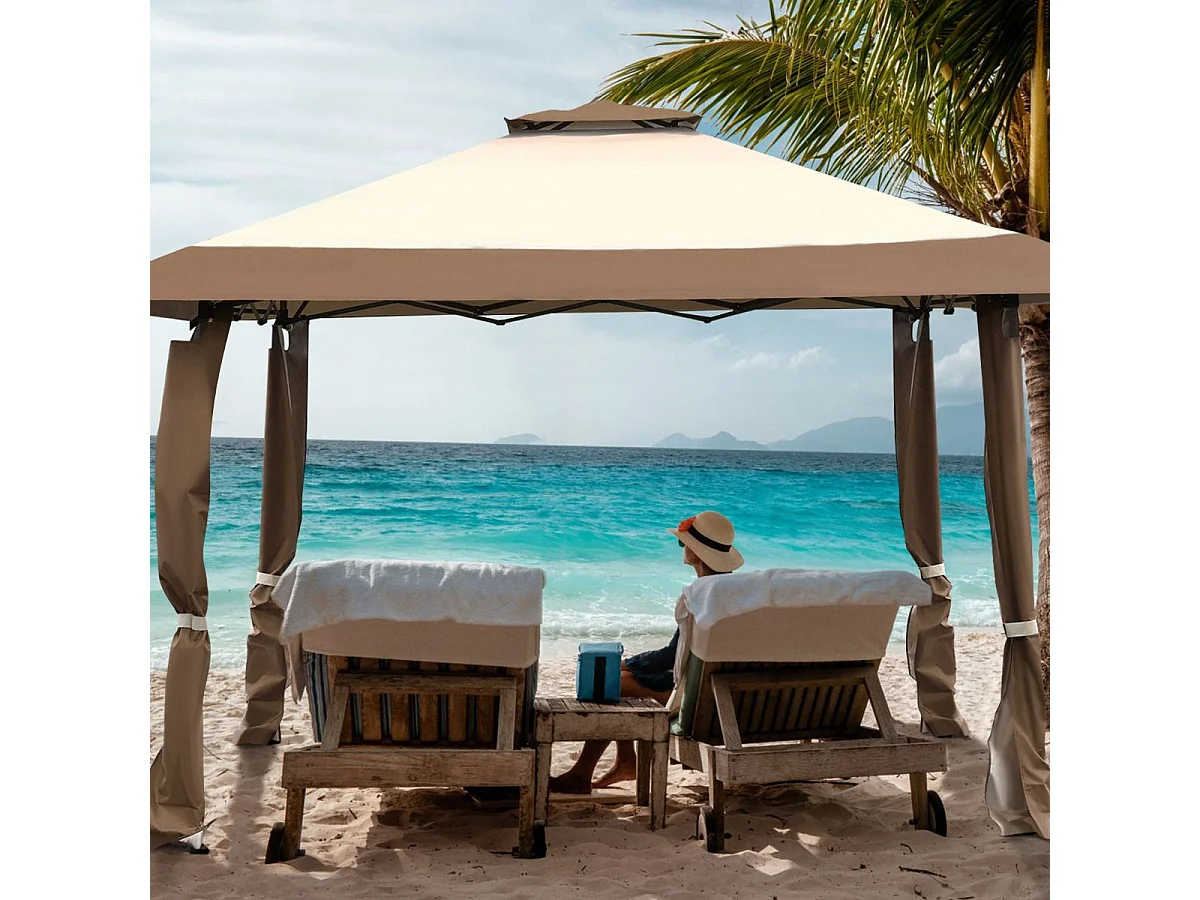 Tonnelle Barnum de Jardin Pliante Pop-up 3,95x3,95M 2 Toit Ventilés Tissu et velours Oxford 3 Hauteurs Réglable Sac de Rangement（Marron)