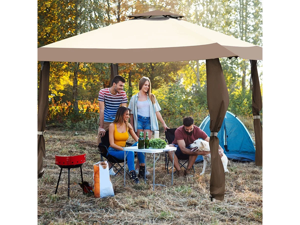 Tonnelle Barnum de Jardin Pliante Pop-up 3,95x3,95M 2 Toit Ventilés Tissu et velours Oxford 3 Hauteurs Réglable Sac de Rangement（Marron)