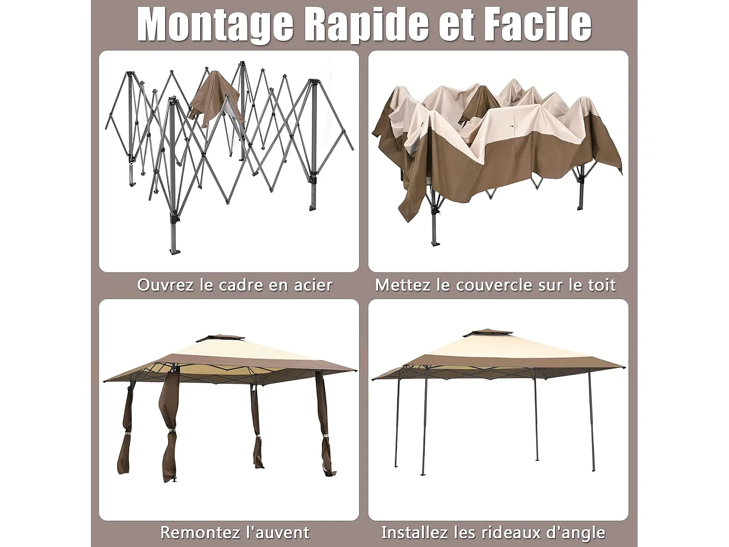 Tonnelle Barnum de Jardin Pliante Pop-up 3,95x3,95M 2 Toit Ventilés Tissu et velours Oxford 3 Hauteurs Réglable Sac de Rangement（Marron)