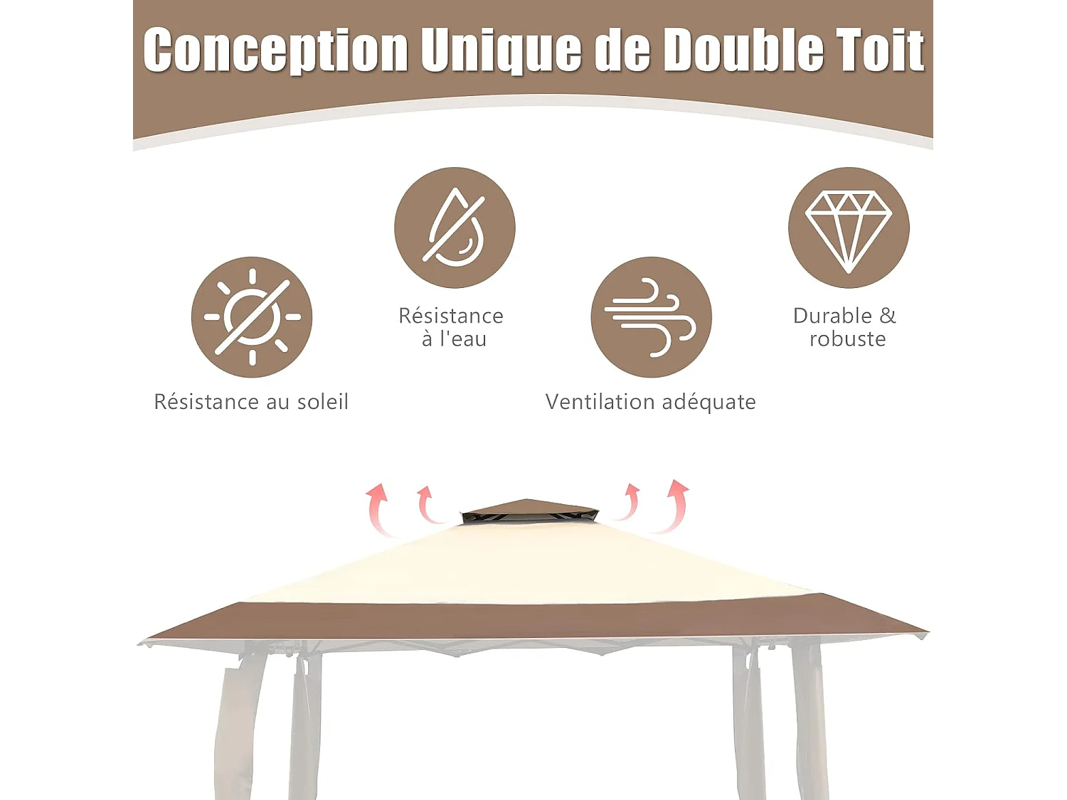 Tonnelle Barnum de Jardin Pliante Pop-up 3,95x3,95M 2 Toit Ventilés Tissu et velours Oxford 3 Hauteurs Réglable Sac de Rangement（Marron)