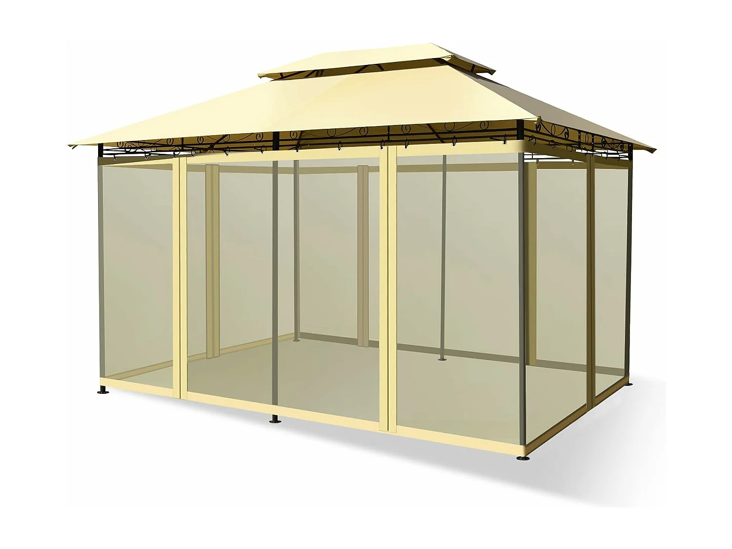 Tonnelle de Jardin 3,9 x 2,9M en Acier avec Rideaux Moustiquaires Amovibles et Toits Doubles, Tente de Réception pour Pique-Nique Festival Mariage (Beige)