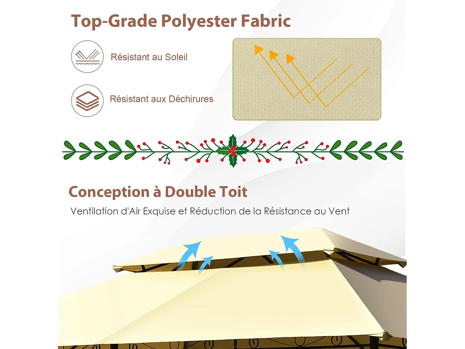 Tonnelle de Jardin 3,9 x 2,9M en Acier avec Rideaux Moustiquaires Amovibles et Toits Doubles, Tente de Réception pour Pique-Nique Festival Mariage (Beige)