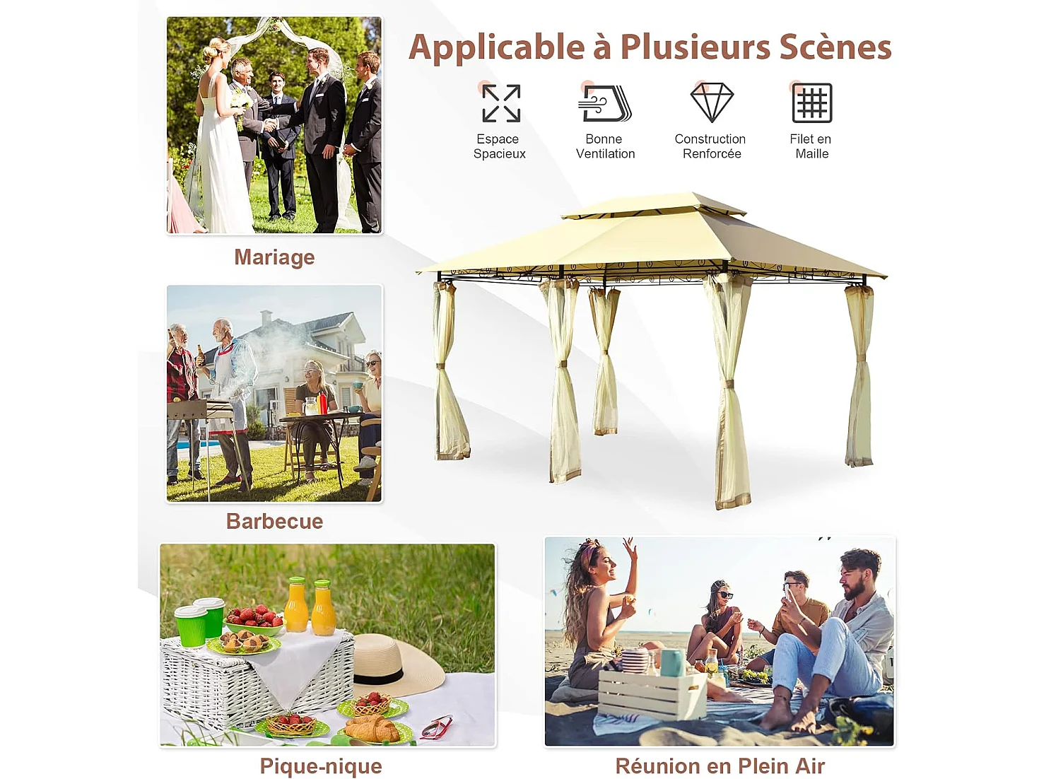 Tonnelle de Jardin 3,9 x 2,9M en Acier avec Rideaux Moustiquaires Amovibles et Toits Doubles, Tente de Réception pour Pique-Nique Festival Mariage (Beige)