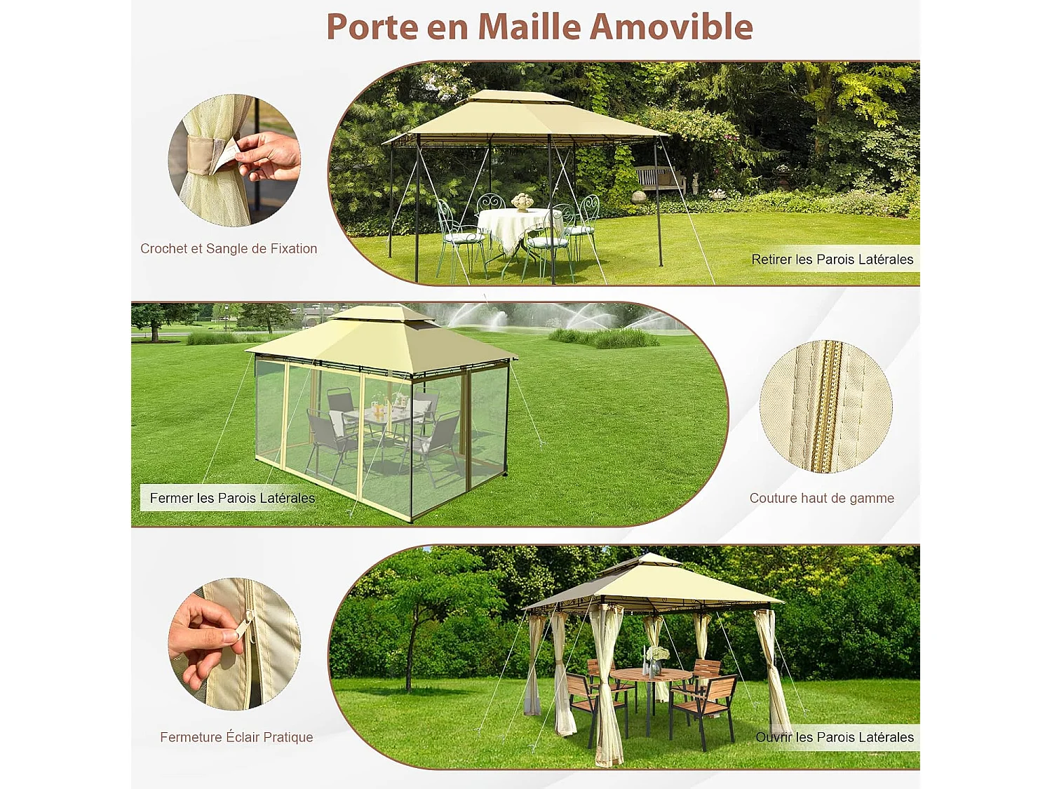 Tonnelle de Jardin 3,9 x 2,9M en Acier avec Rideaux Moustiquaires Amovibles et Toits Doubles, Tente de Réception pour Pique-Nique Festival Mariage (Beige)